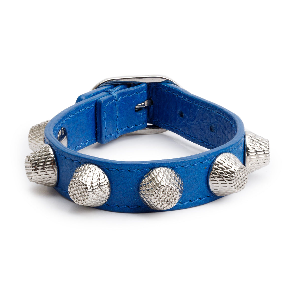 Balenciaga Silver Hardware Blue Leather Studded Wrap Bracelet