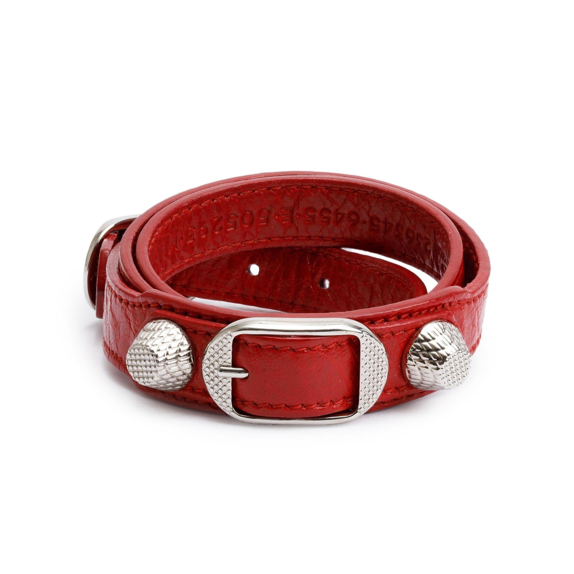 Balenciaga Silver Hardware Red Leather Arena Giant Triple Tour Wrap Bracelet, Size M w/ Box