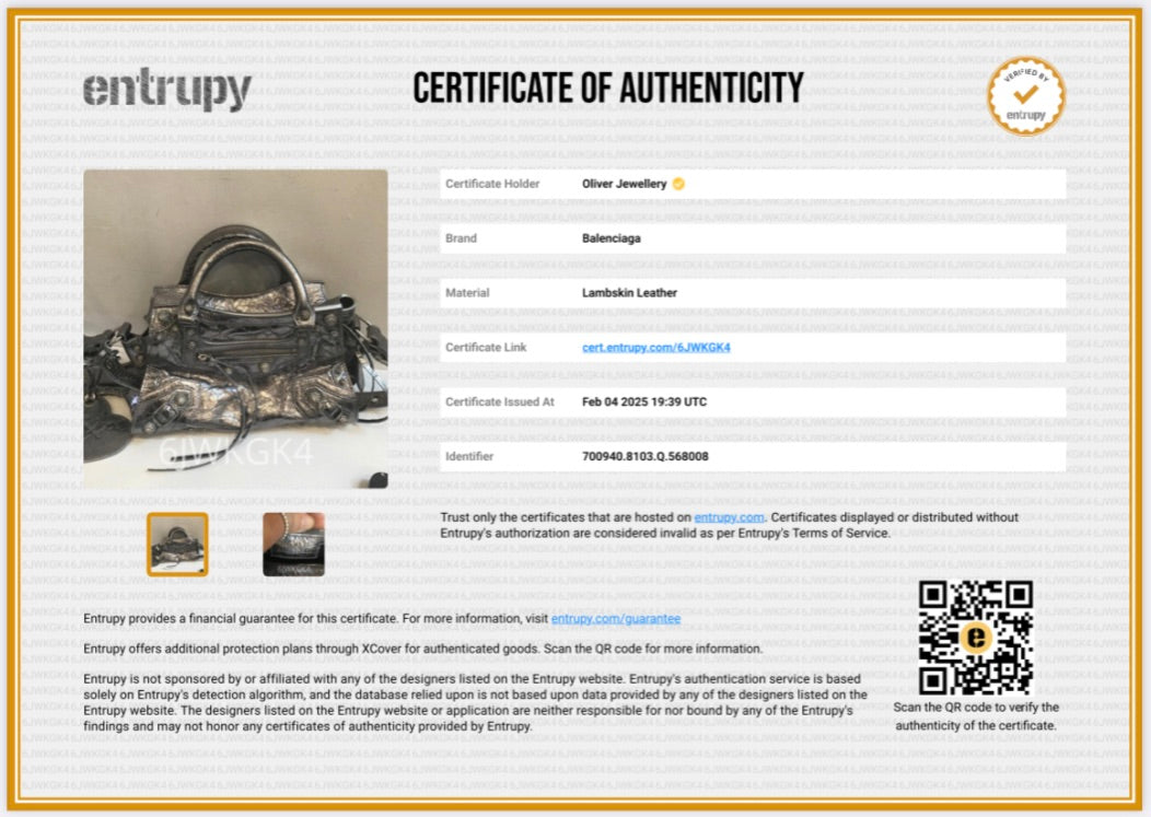 Balenciaga Silver Metallic Arena Leather Crystal Neo Cagole XS City Bag w/ Strap