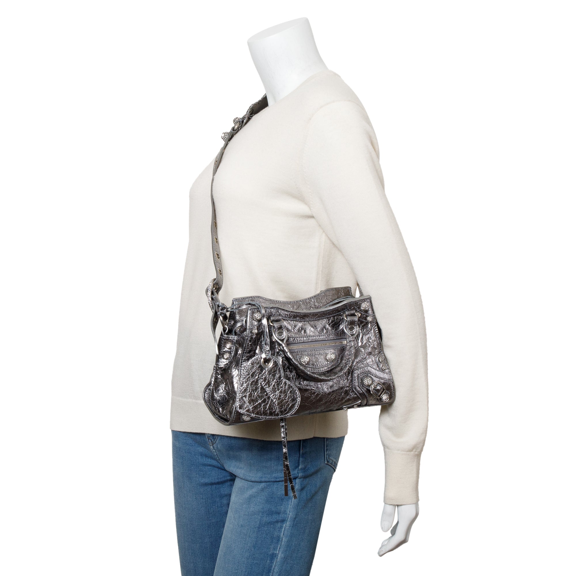 Balenciaga Silver Metallic Arena Leather Crystal Neo Cagole XS City Bag w/ Strap