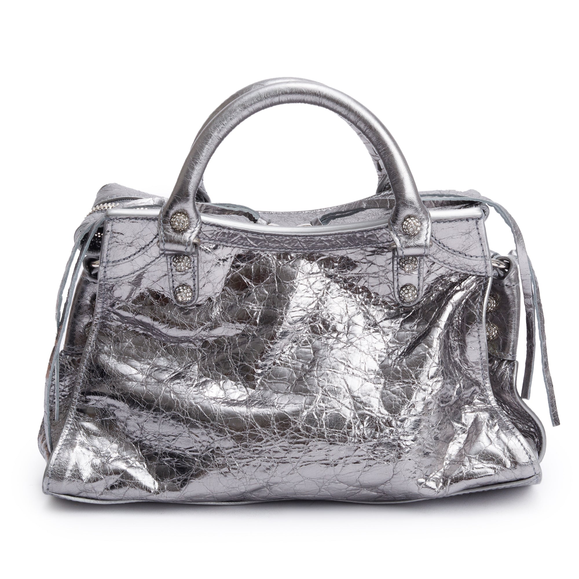 Balenciaga Silver Metallic Arena Leather Crystal Neo Cagole XS City Bag w/ Strap