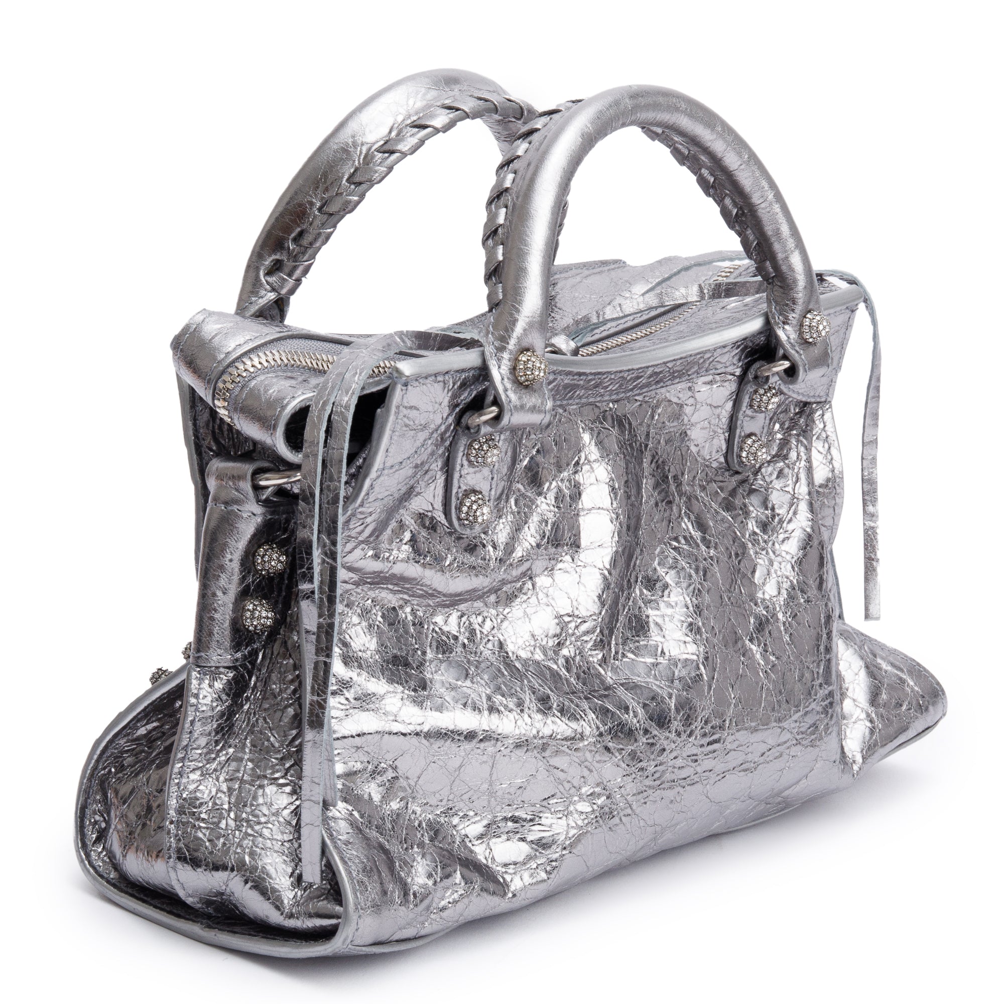 Balenciaga Silver Metallic Arena Leather Crystal Neo Cagole XS City Bag w/ Strap