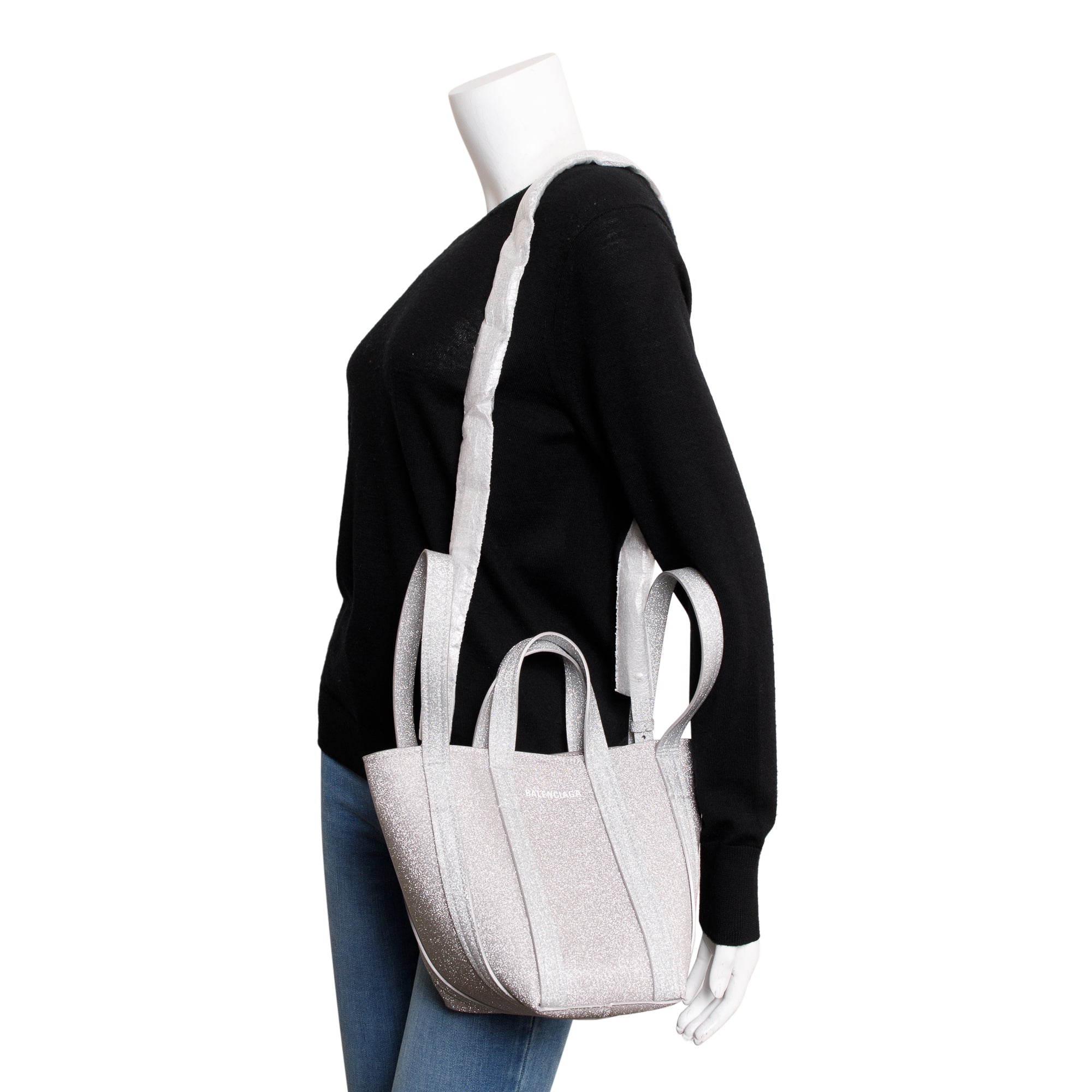 Balenciaga Silver Sparkling Fabric Everyday XS North-South Tote w/ Box