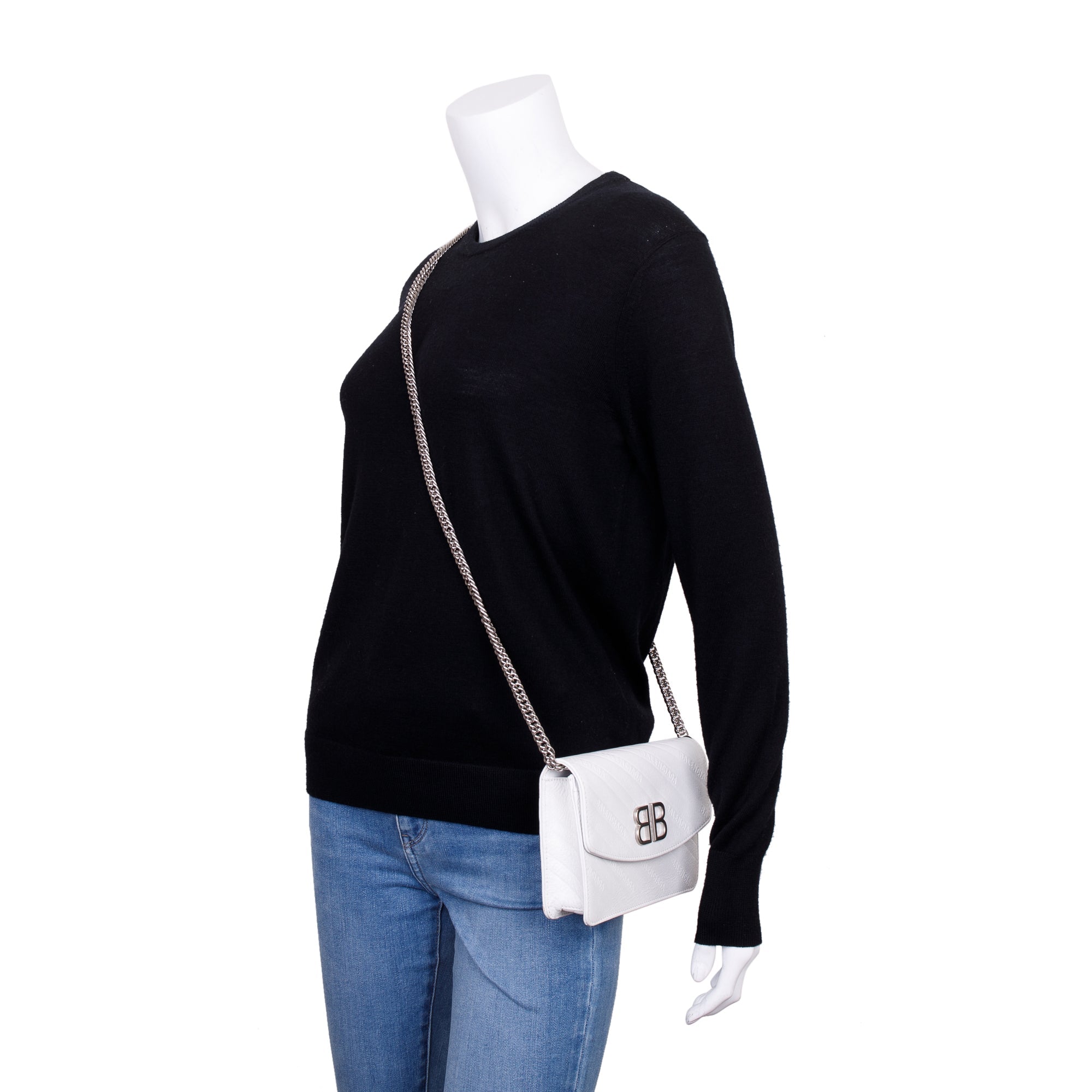 Balenciaga White Calfskin Leather BB Wallet on Chain