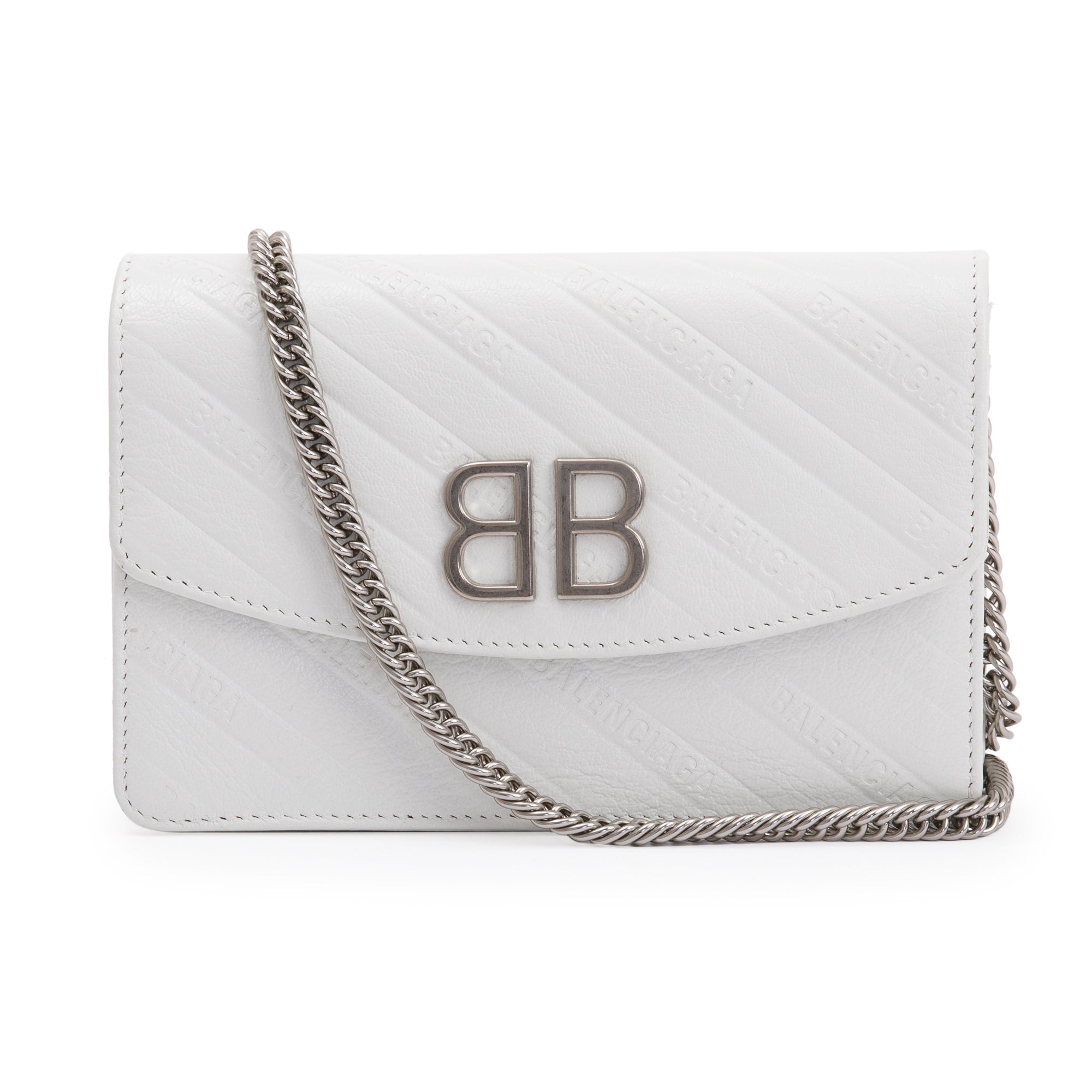 Balenciaga White Calfskin Leather BB Wallet on Chain