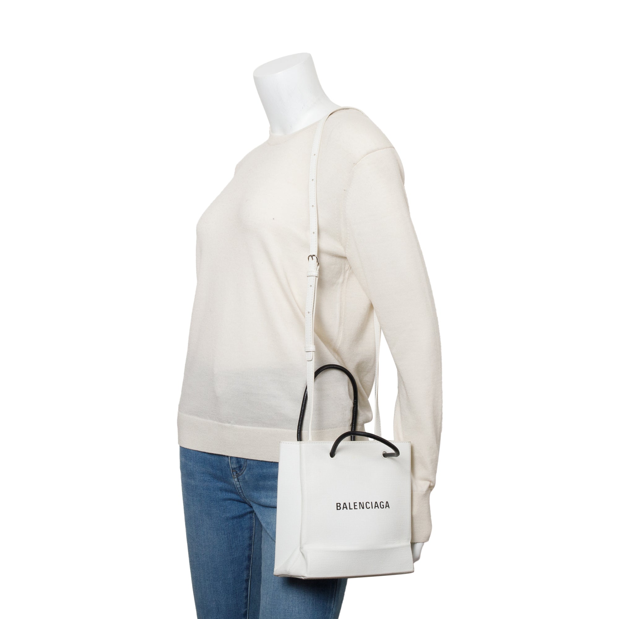 Balenciaga White Calfskin Leather XXS Logo Leather Shopping Tote