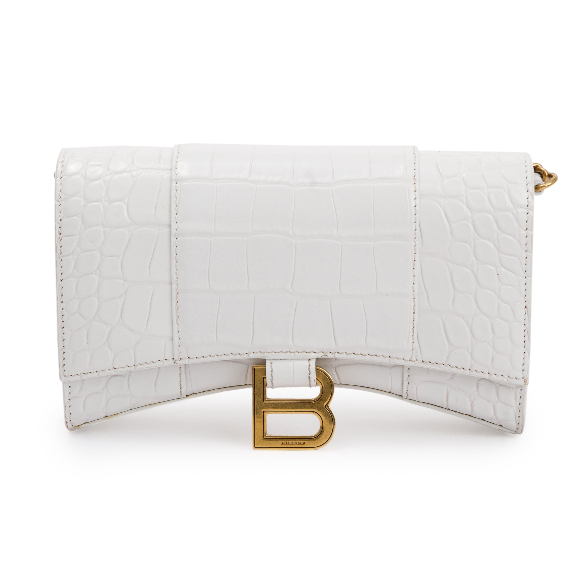 Balenciaga White Croc Embossed Hourglass Wallet on Chain