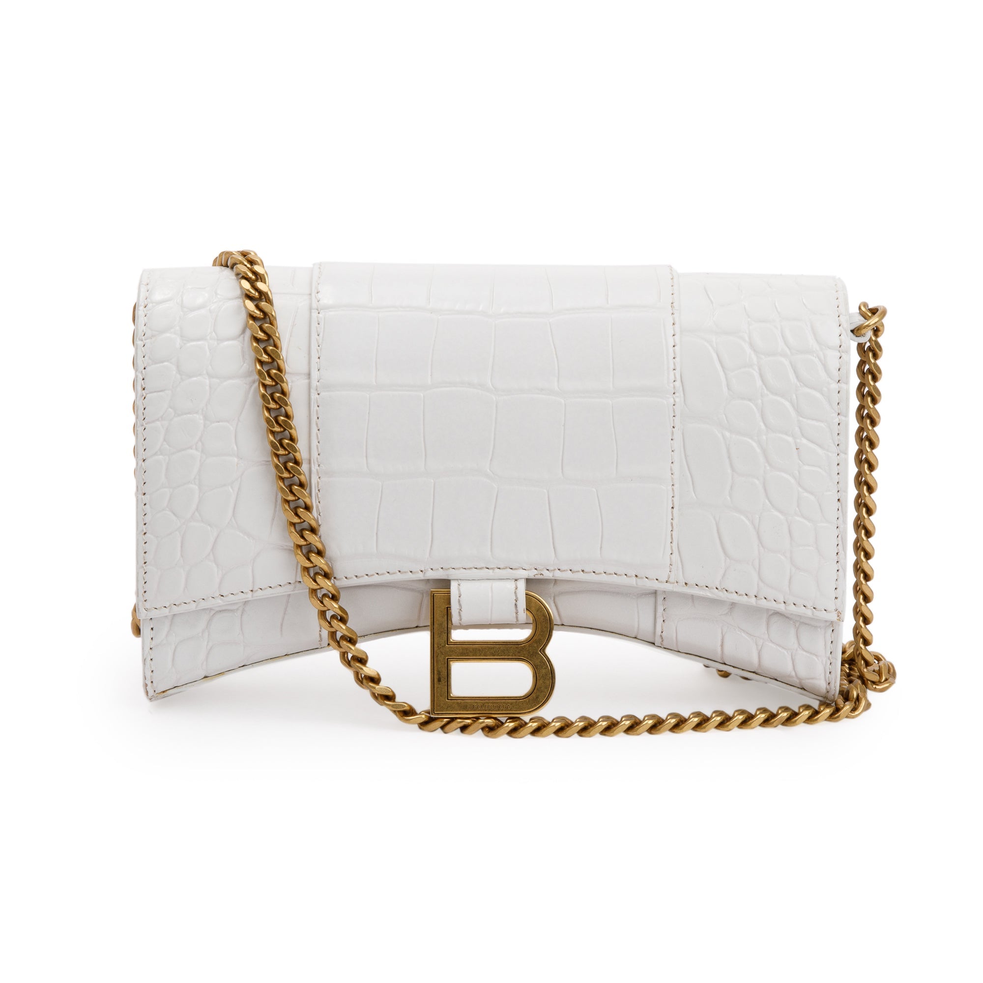 Balenciaga White Croc Embossed Hourglass Wallet on Chain