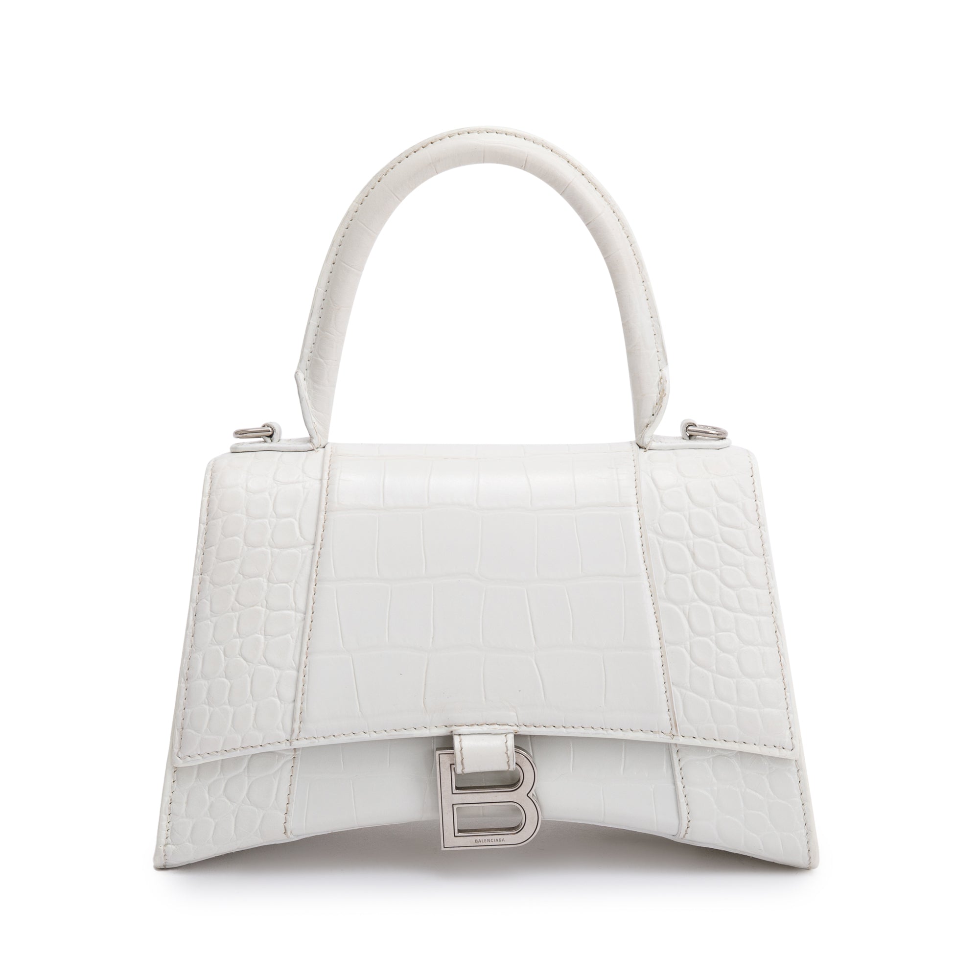 Balenciaga White Croc Embossed Leather Small Hourglass Top Handle Bag w/ Strap