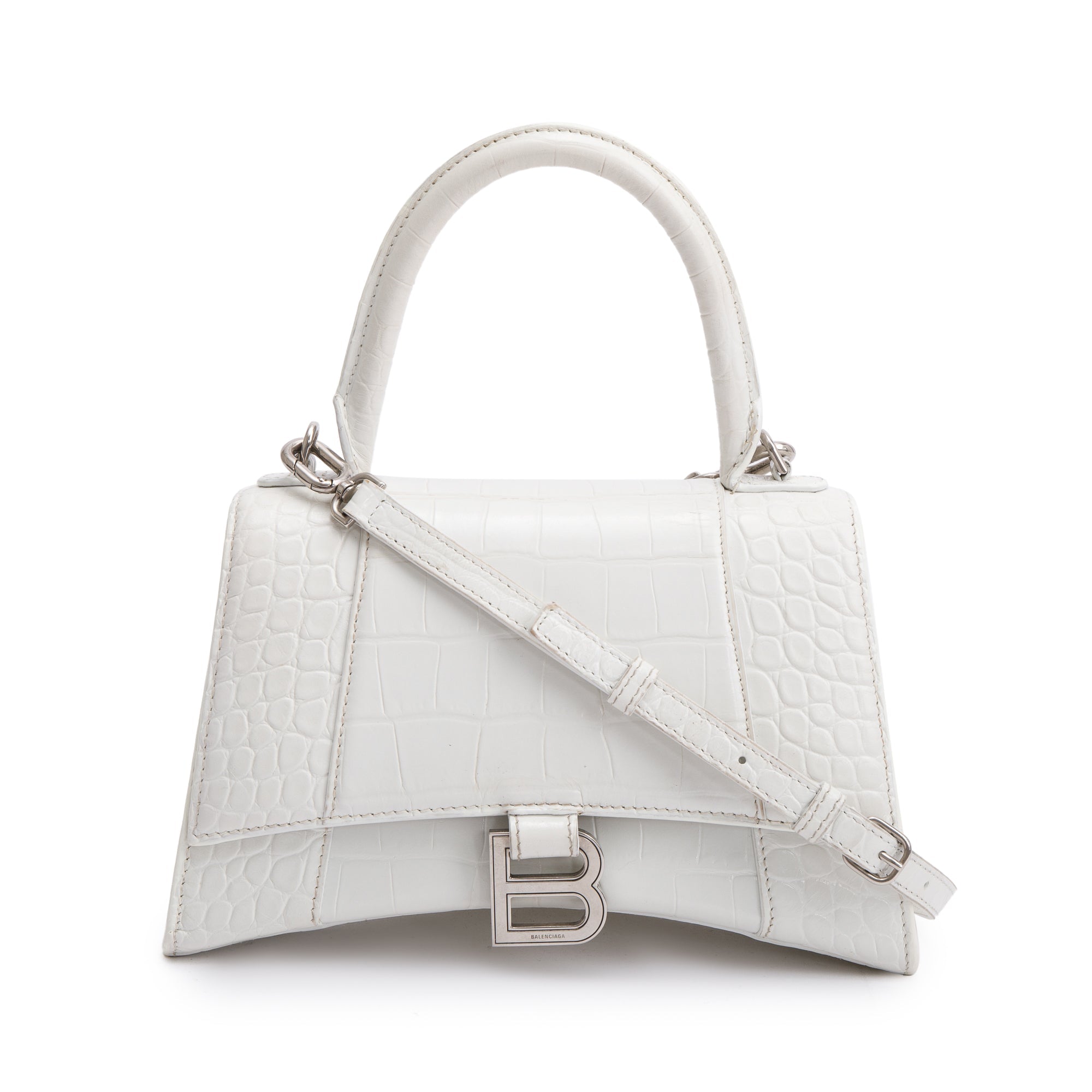 Balenciaga White Croc Embossed Leather Small Hourglass Top Handle Bag w/ Strap