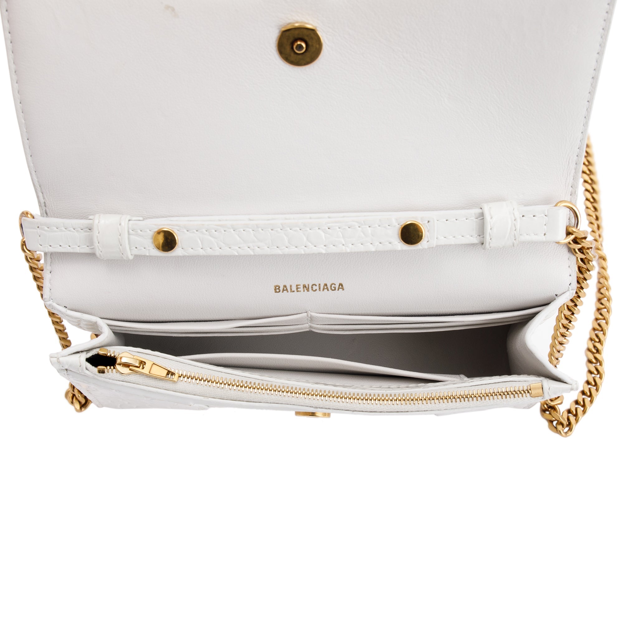 Balenciaga White Crocodile Embossed Hourglass Wallet on Chain