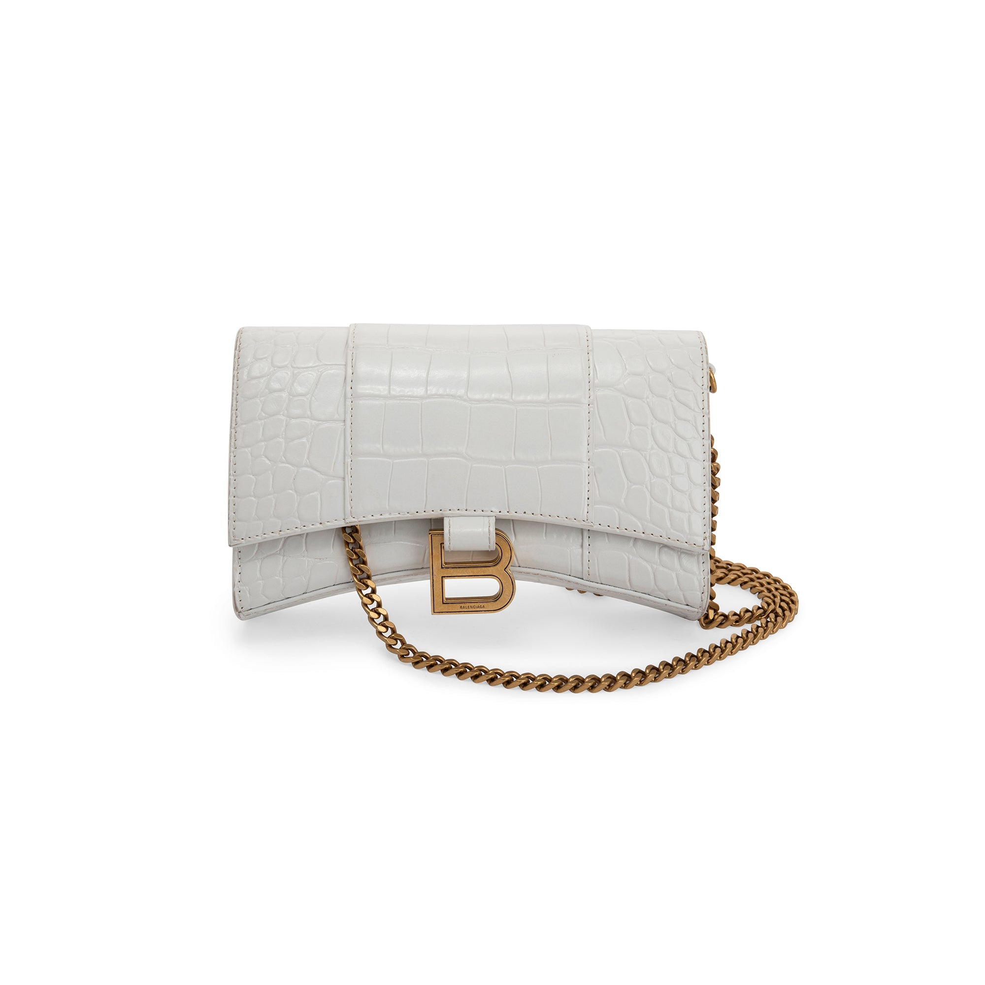 Balenciaga White Crocodile Embossed Hourglass Wallet on Chain