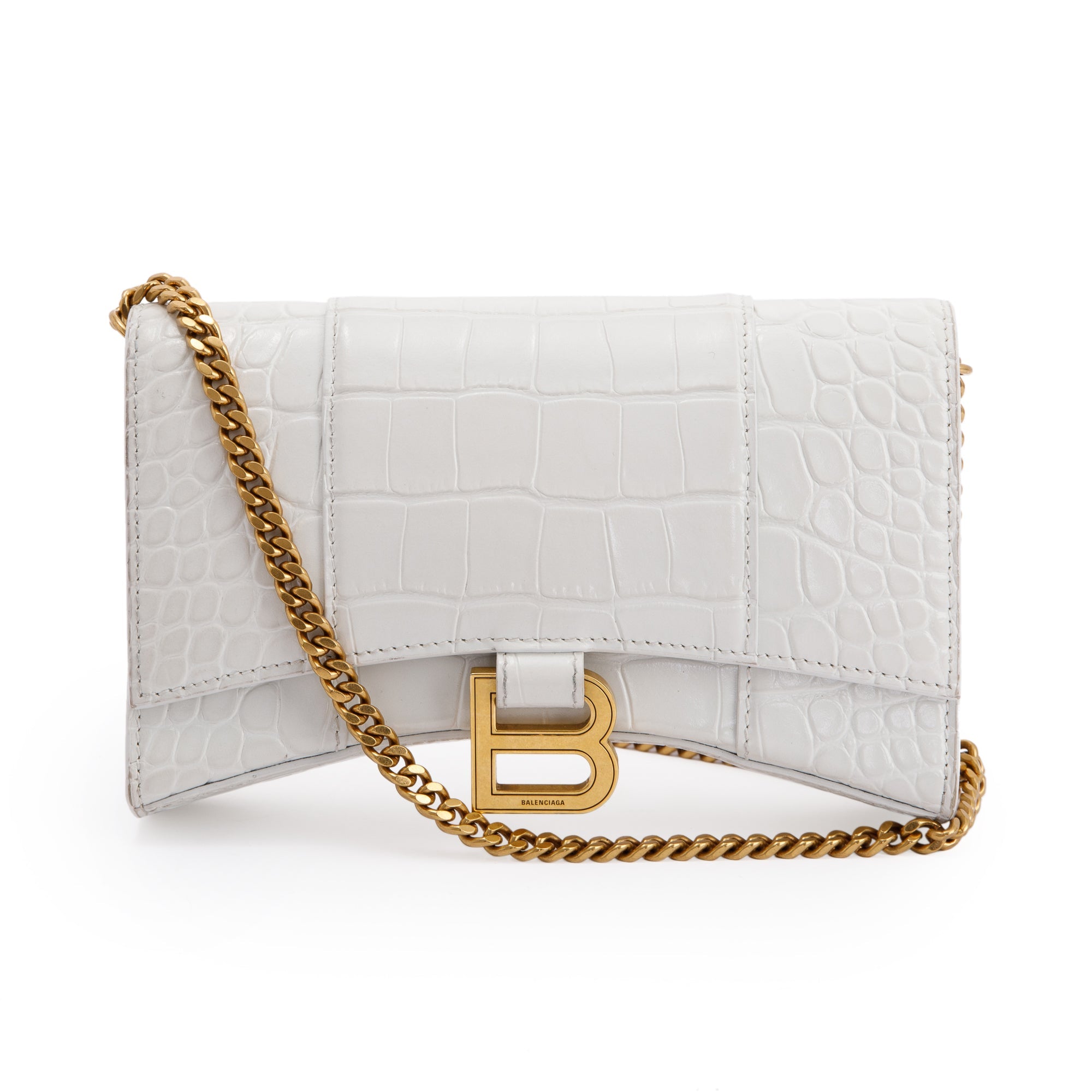 Balenciaga White Crocodile Embossed Hourglass Wallet on Chain