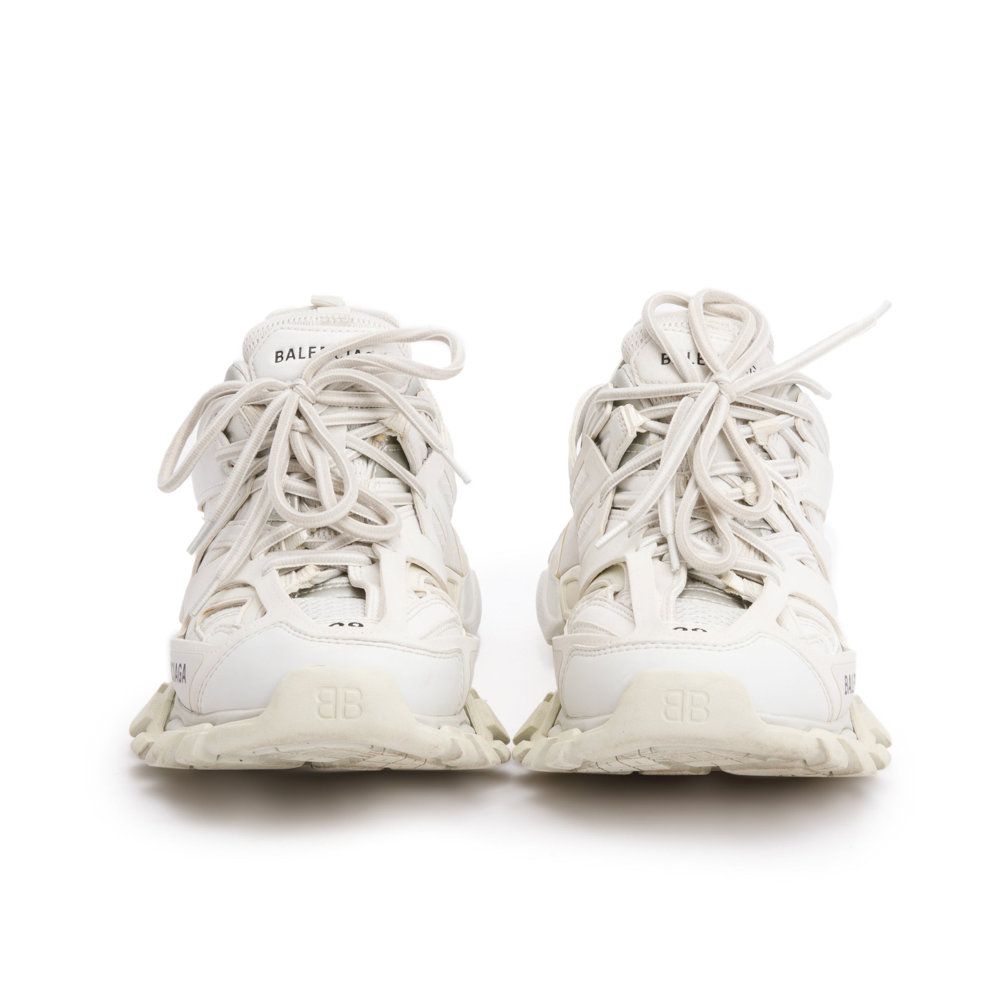 Balenciaga White Leather Fabric Mesh Track Sneakers, Size 38