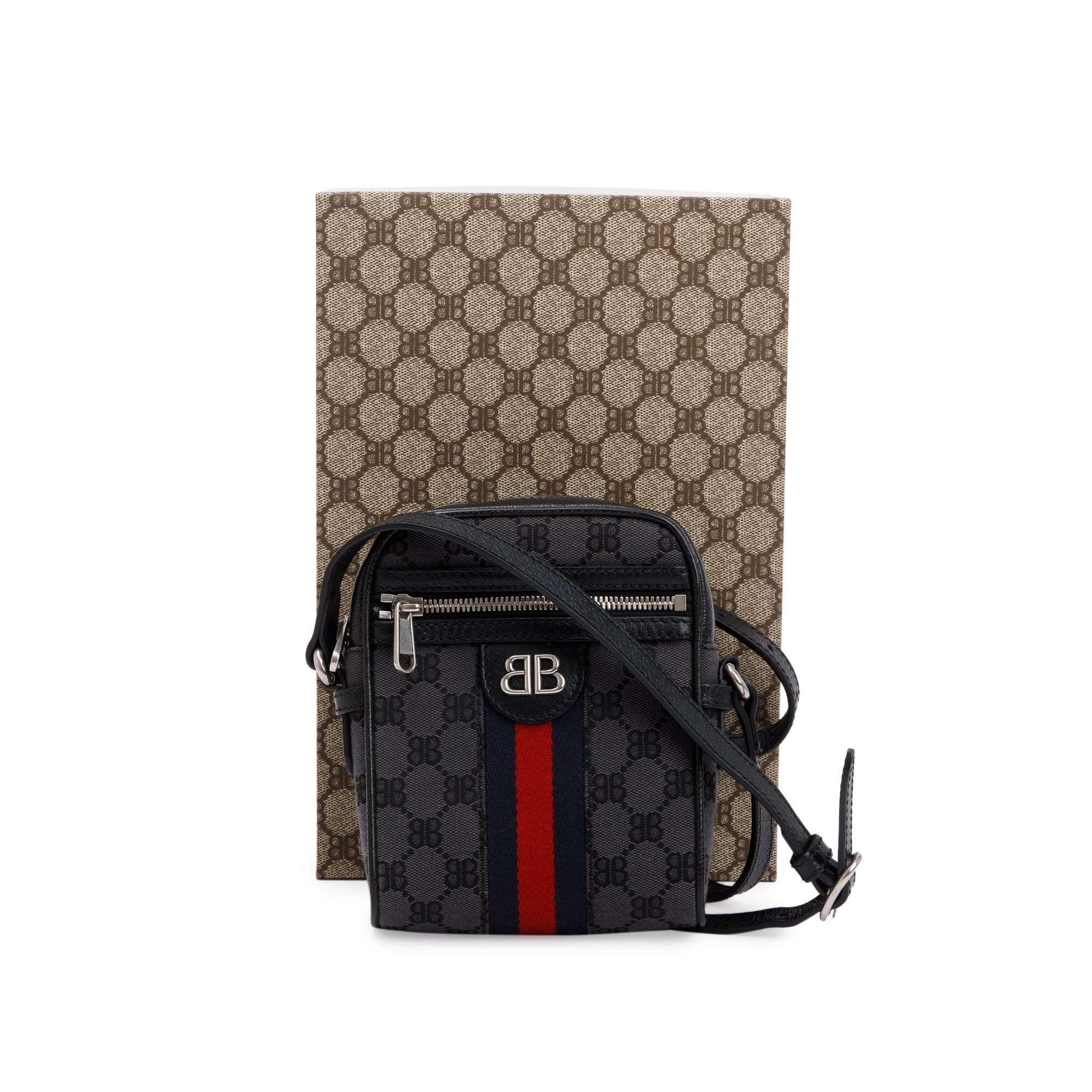 Balenciaga X Gucci The Hacker Project Black BB Supreme Canvas Web Mini Crossbody Bag w/ Box & Receipt