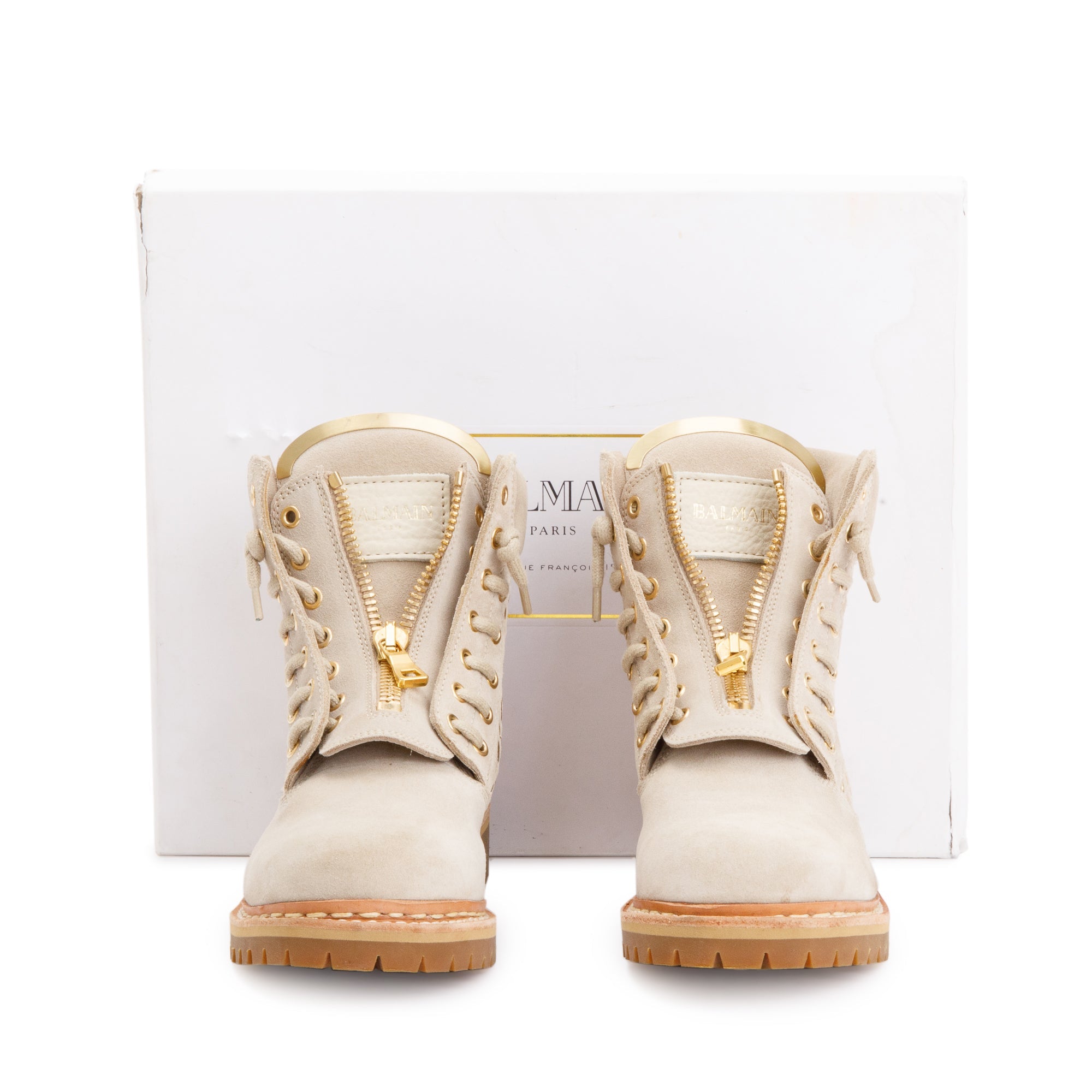 Balmain Beige Grommet Perforated Suede Tia Ranger Ankle Boots, Size 39.5 w/ Box