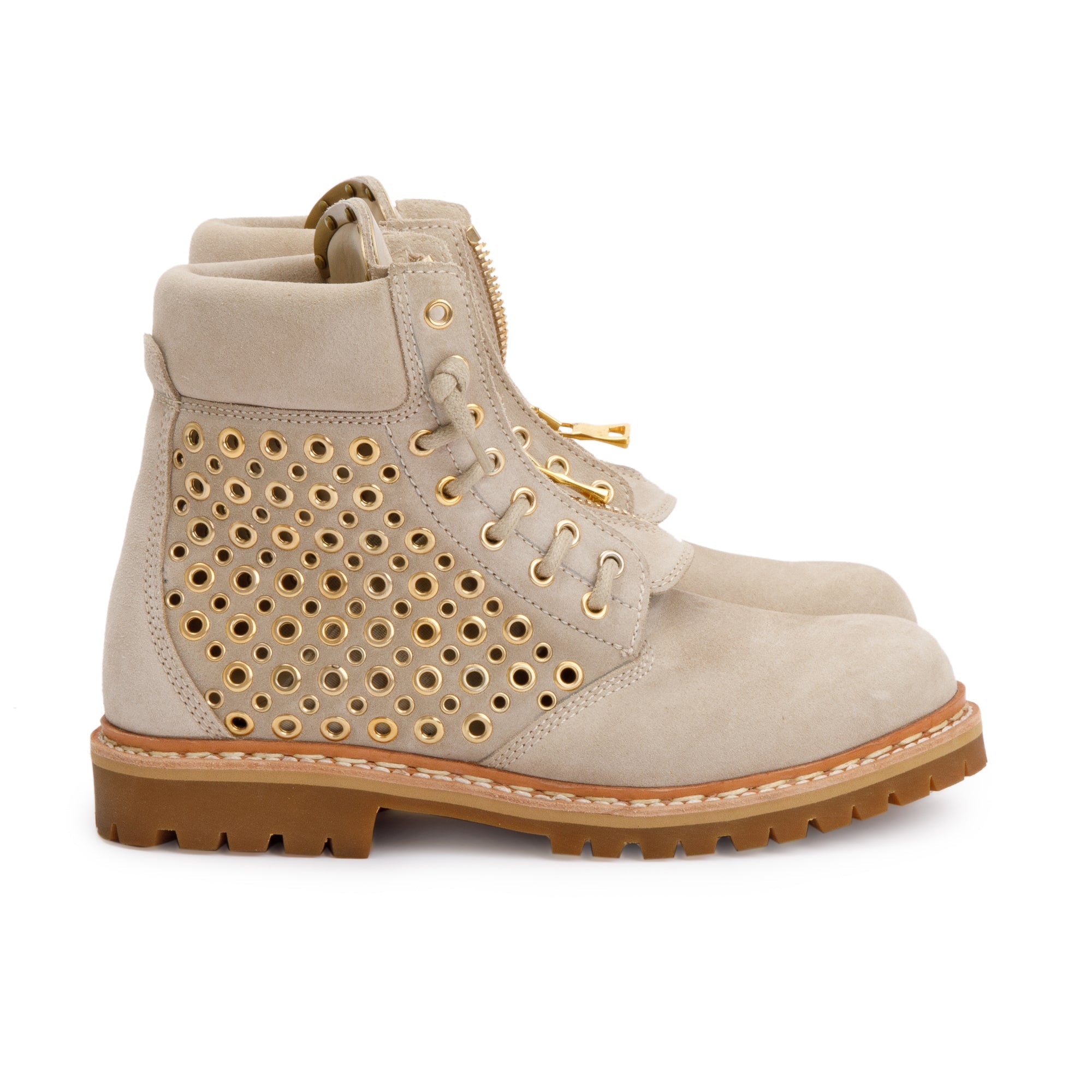 Balmain Beige Grommet Perforated Suede Tia Ranger Ankle Boots, Size 39.5 w/ Box