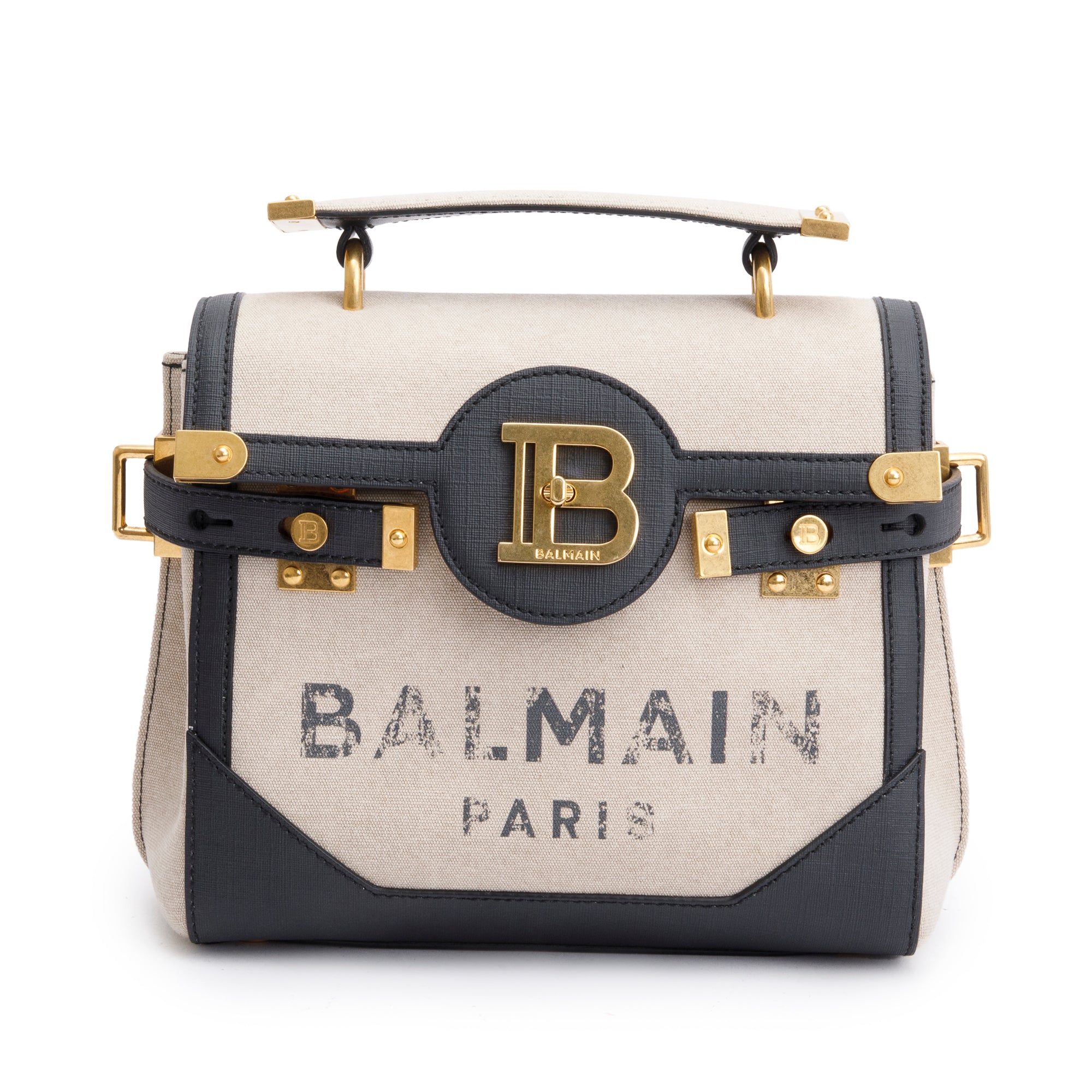 Balmain Neutral Canvas Black Leather Trimmed B-Buzz 23 Shoulder Bag w/ Strap