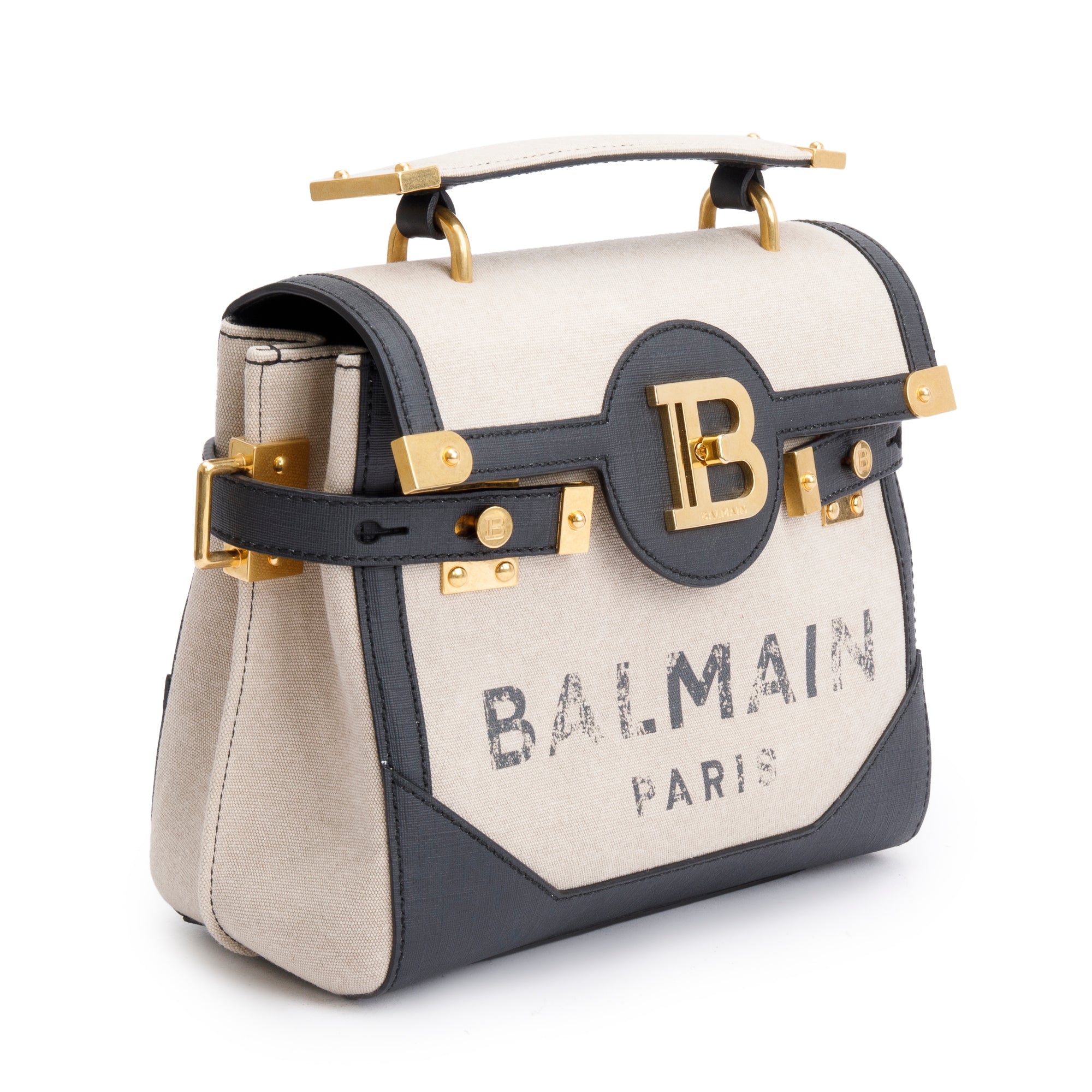 Balmain Neutral Canvas Black Leather Trimmed B-Buzz 23 Shoulder Bag w/ Strap