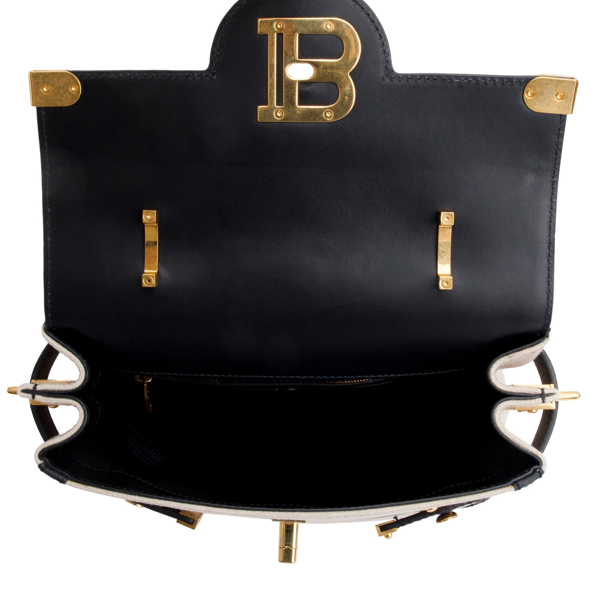 Balmain Neutral Canvas Black Leather Trimmed B-Buzz 23 Shoulder Bag w/ Strap