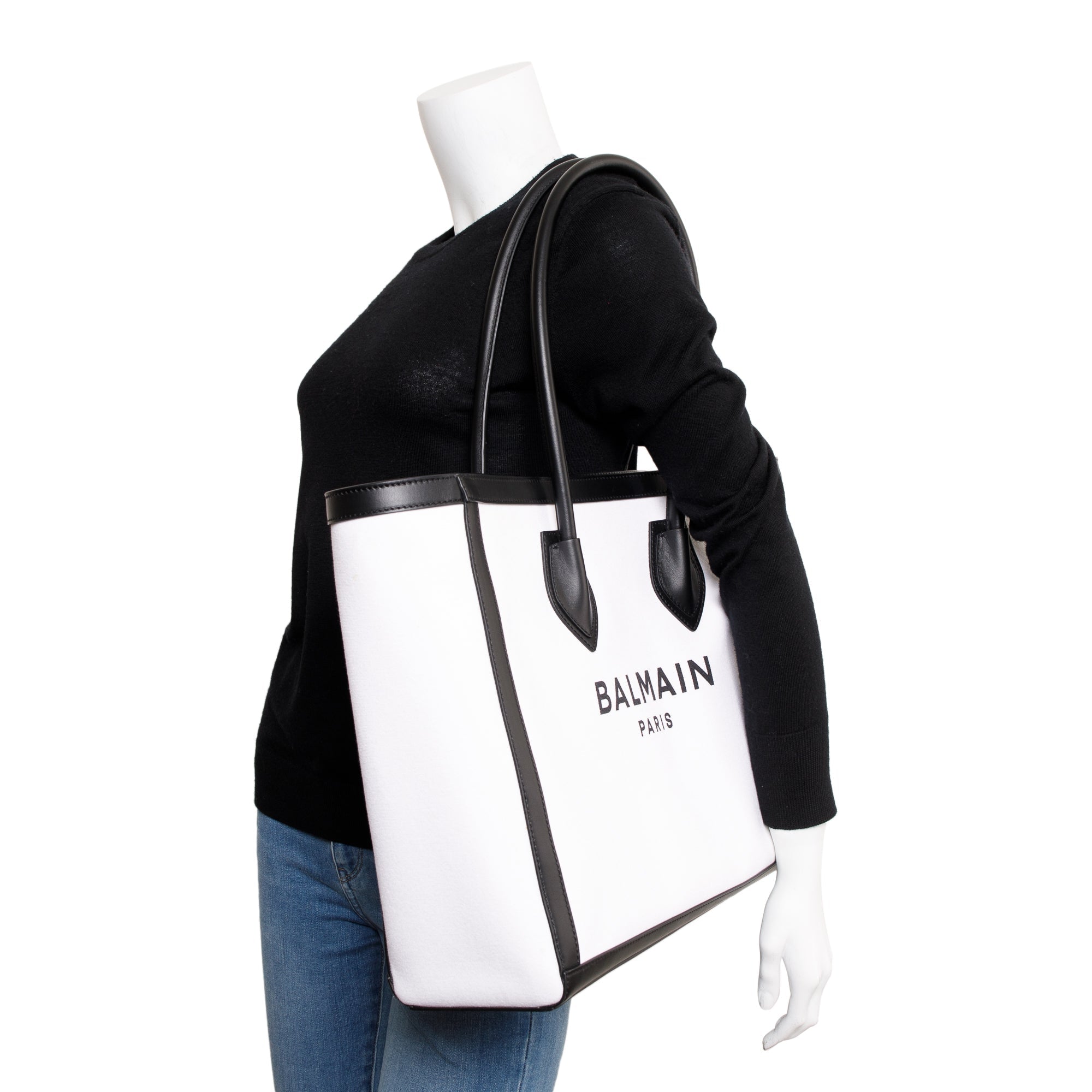 Balmain White Canvas Black Leather Trimmed B-Army 42 Logo Tote w/ Box