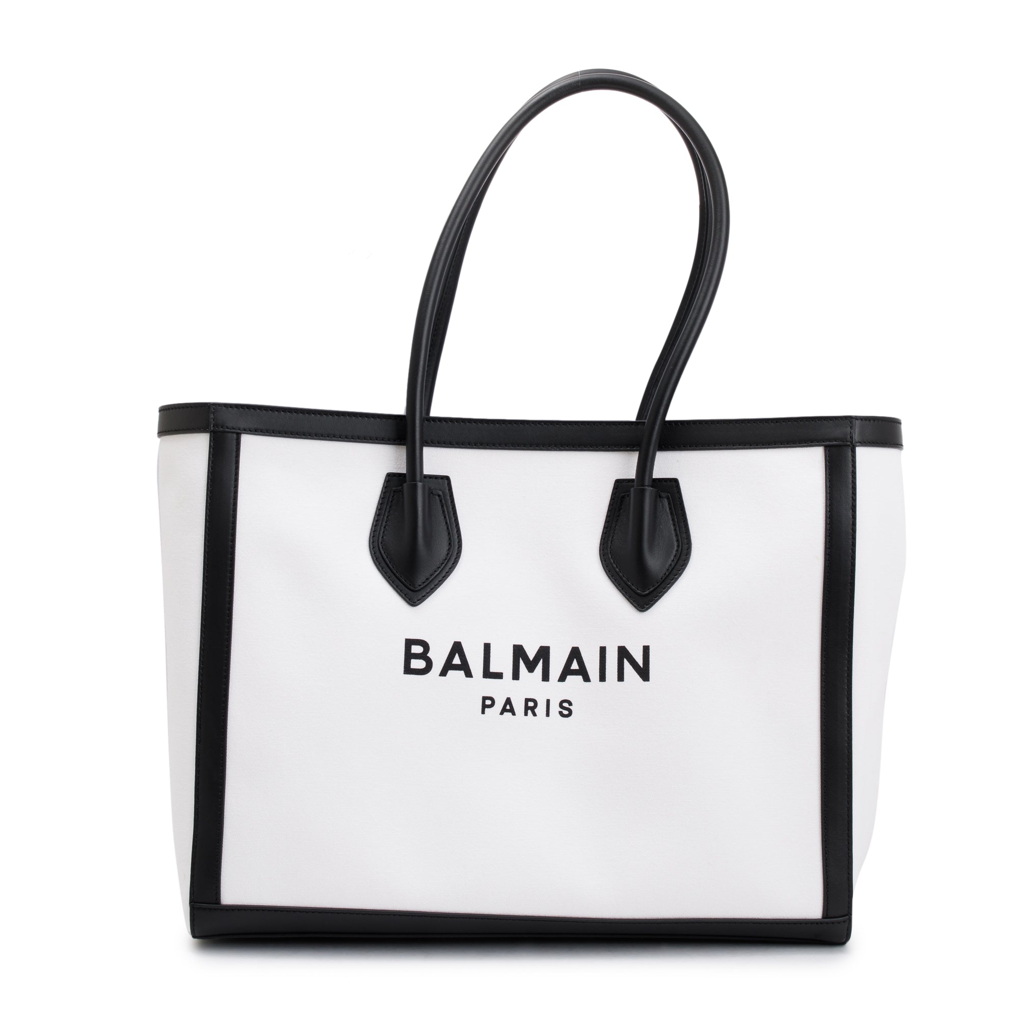 Balmain White Canvas Black Leather Trimmed B-Army 42 Logo Tote w/ Box