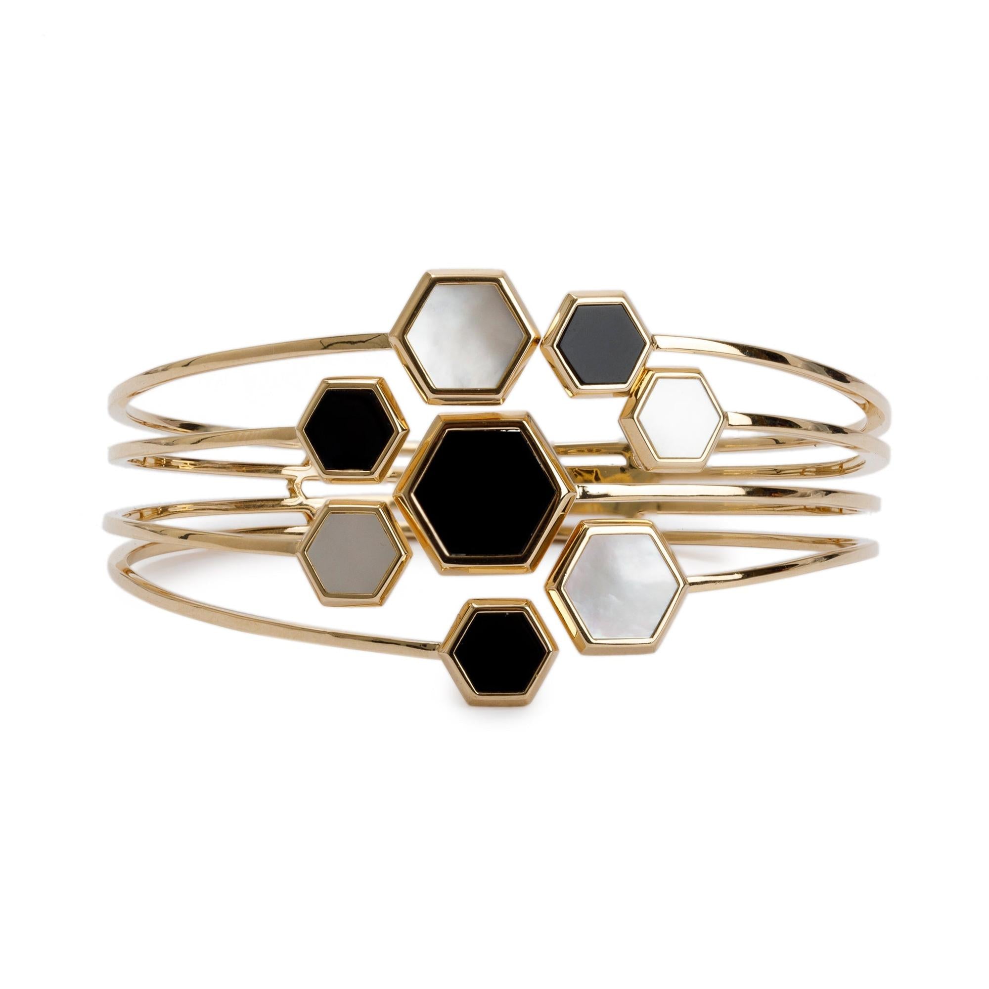 Birks 18k Yellow Gold Black Onyx & Mother of Pearl Hinged Bangle Bracelet