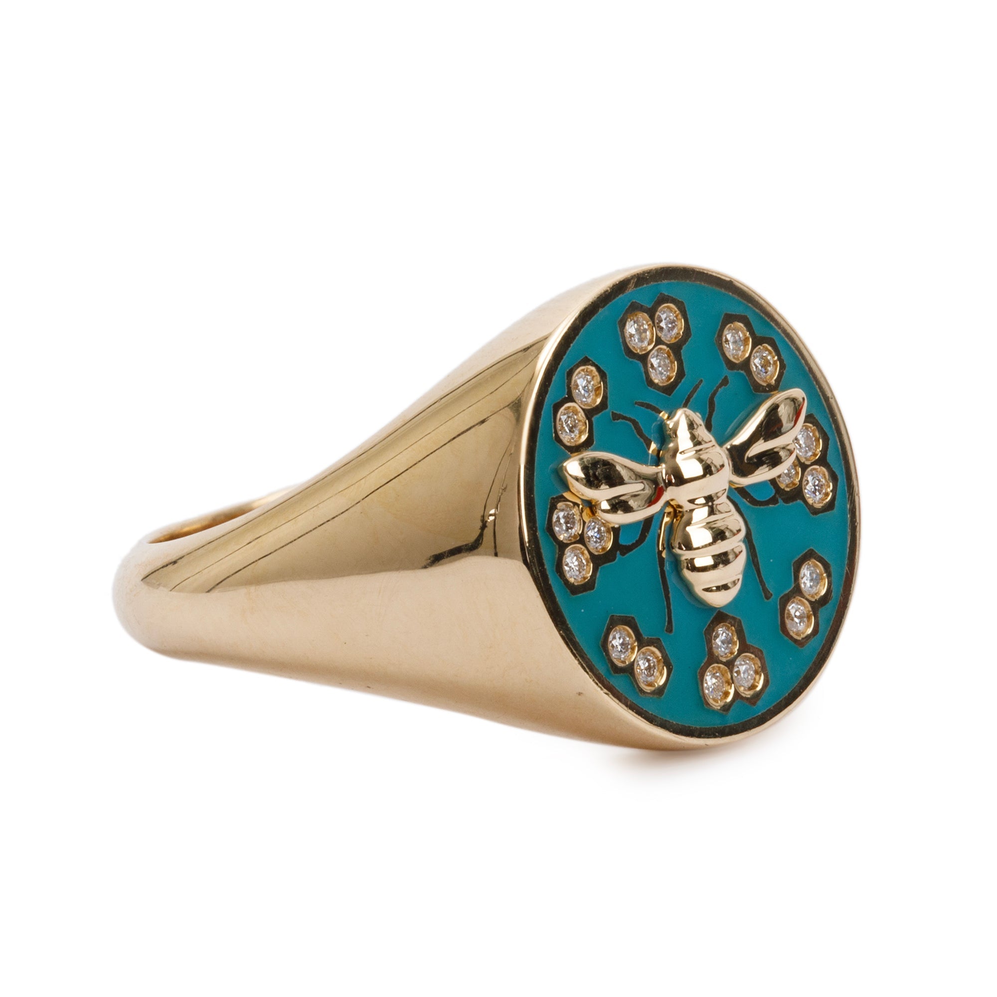 Birks 18k Yellow Gold Teal Enamel & Diamond Bee Chic Signet Ring, Size 7 w/ Box