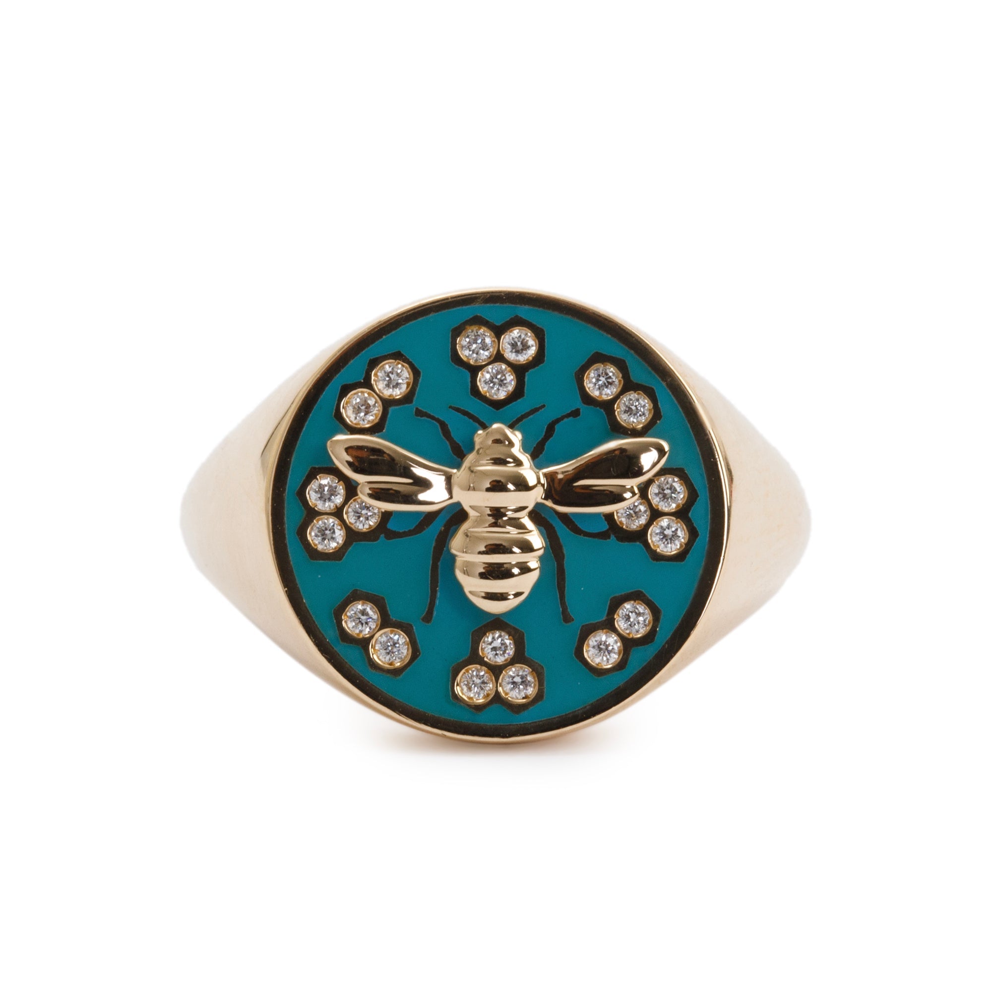 Birks 18k Yellow Gold Teal Enamel & Diamond Bee Chic Signet Ring, Size 7 w/ Box