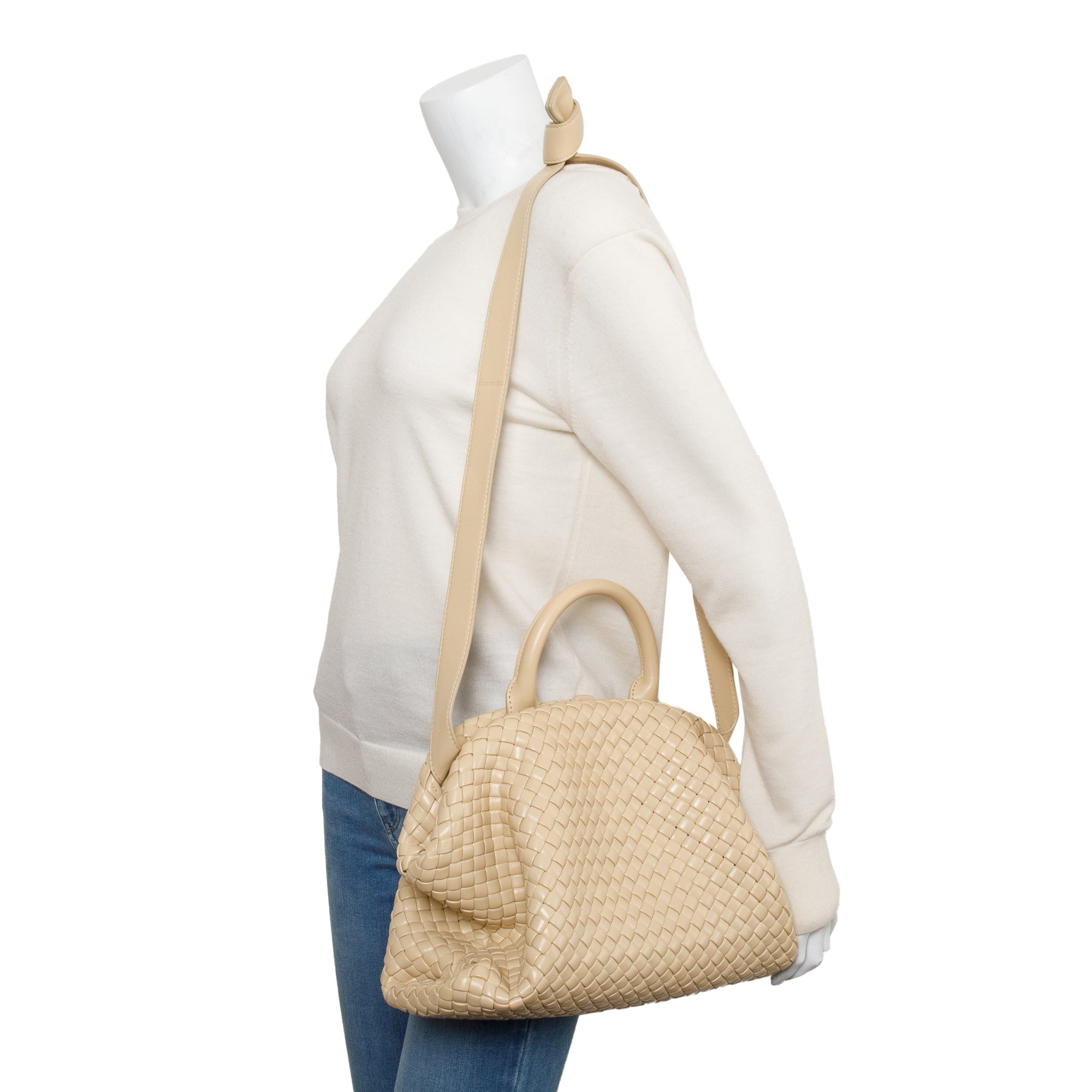 Bottega Veneta Beige Intrecciato Weave Padded Medium The Handle Bag w/ Pouch