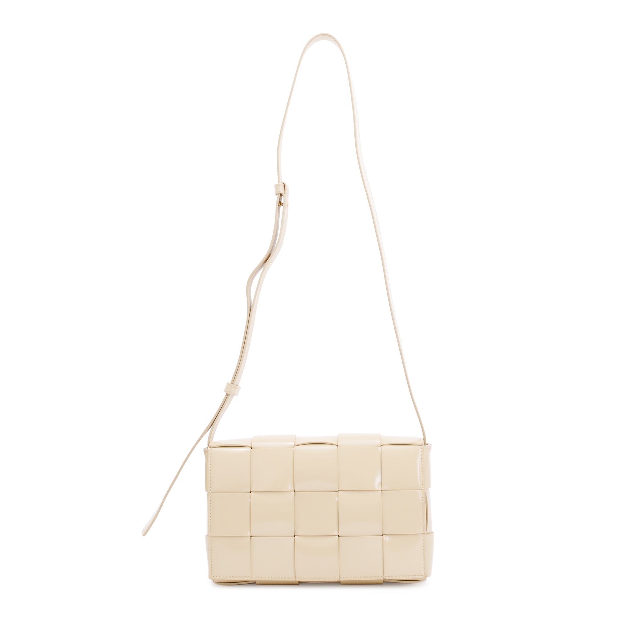 Bottega Veneta Beige Patent Leather Intrecciato Cassette Bag