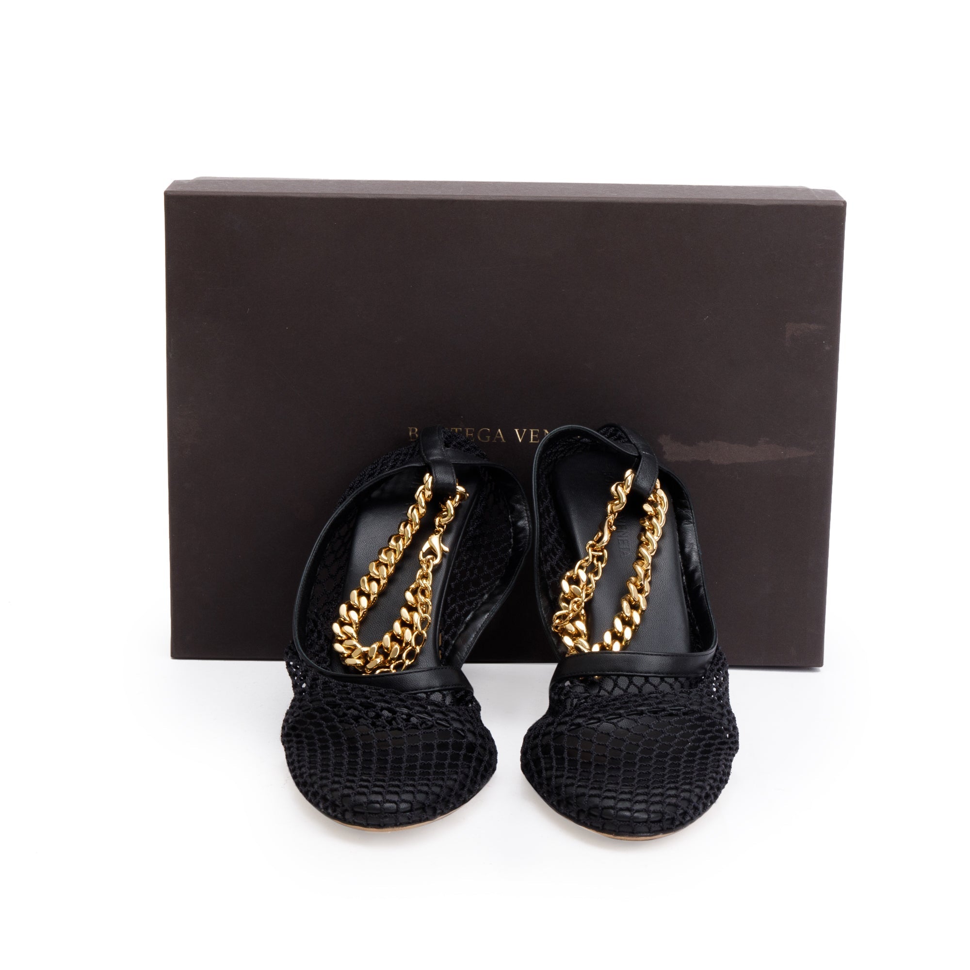 Bottega Veneta Black Leather Mesh Chain Accent Tex Sandal Pumps, Size 39 w/ Box