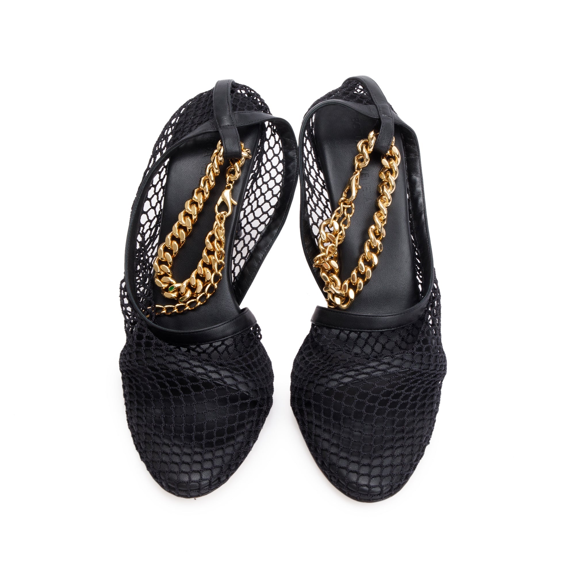 Bottega Veneta Black Leather Mesh Chain Accent Tex Sandal Pumps, Size 39 w/ Box