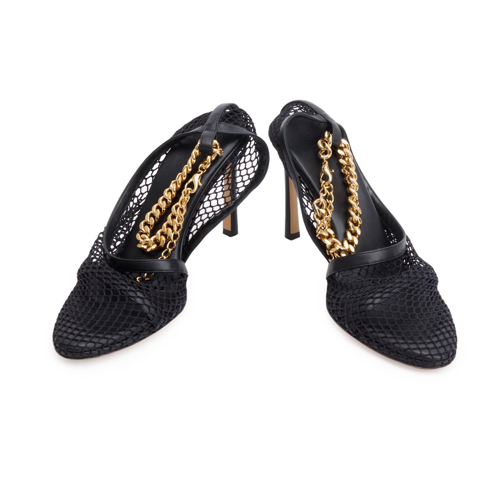 Bottega Veneta Black Leather Mesh Chain Accent Tex Sandal Pumps, Size 39 w/ Box