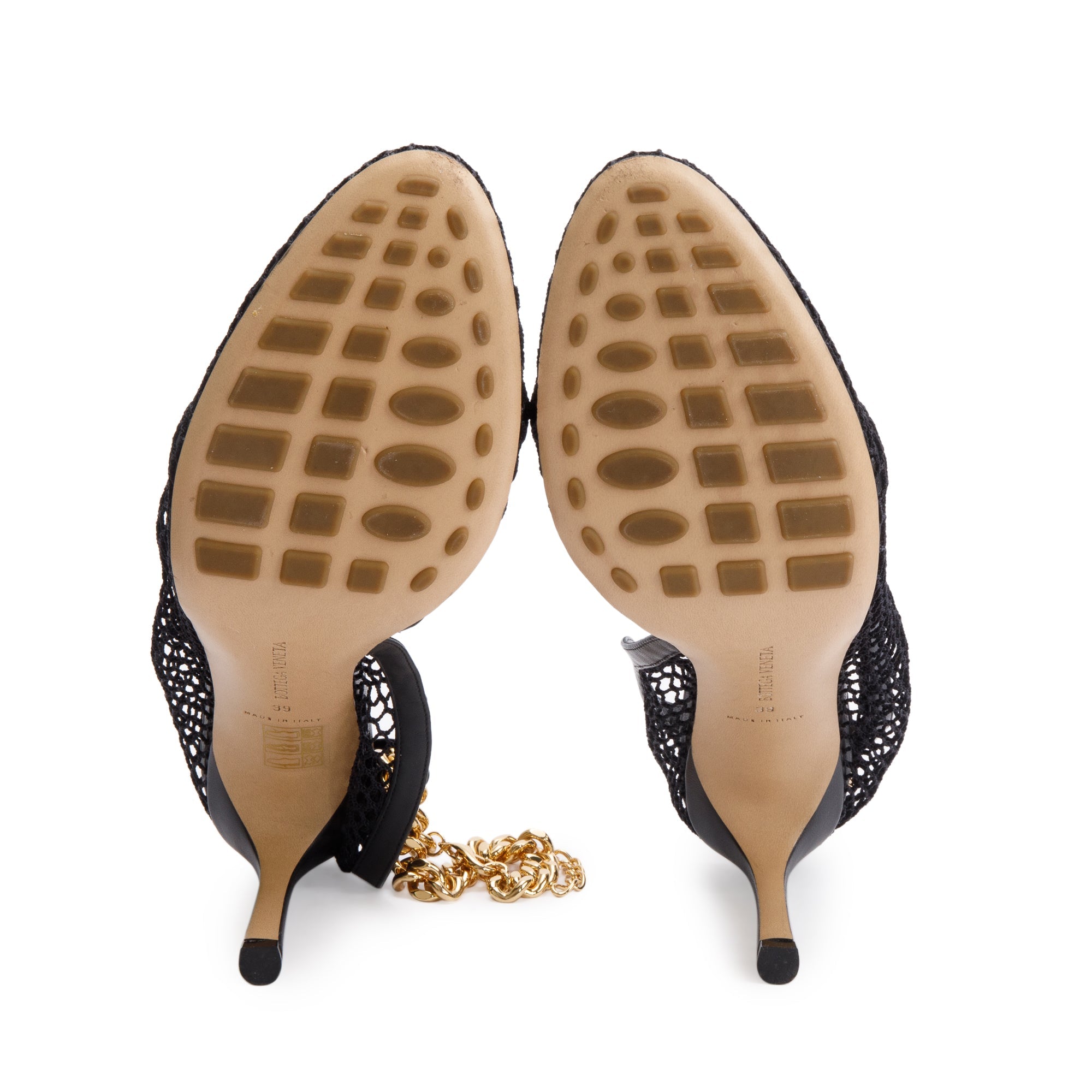 Bottega Veneta Black Leather Mesh Chain Accent Tex Sandal Pumps, Size 39 w/ Box