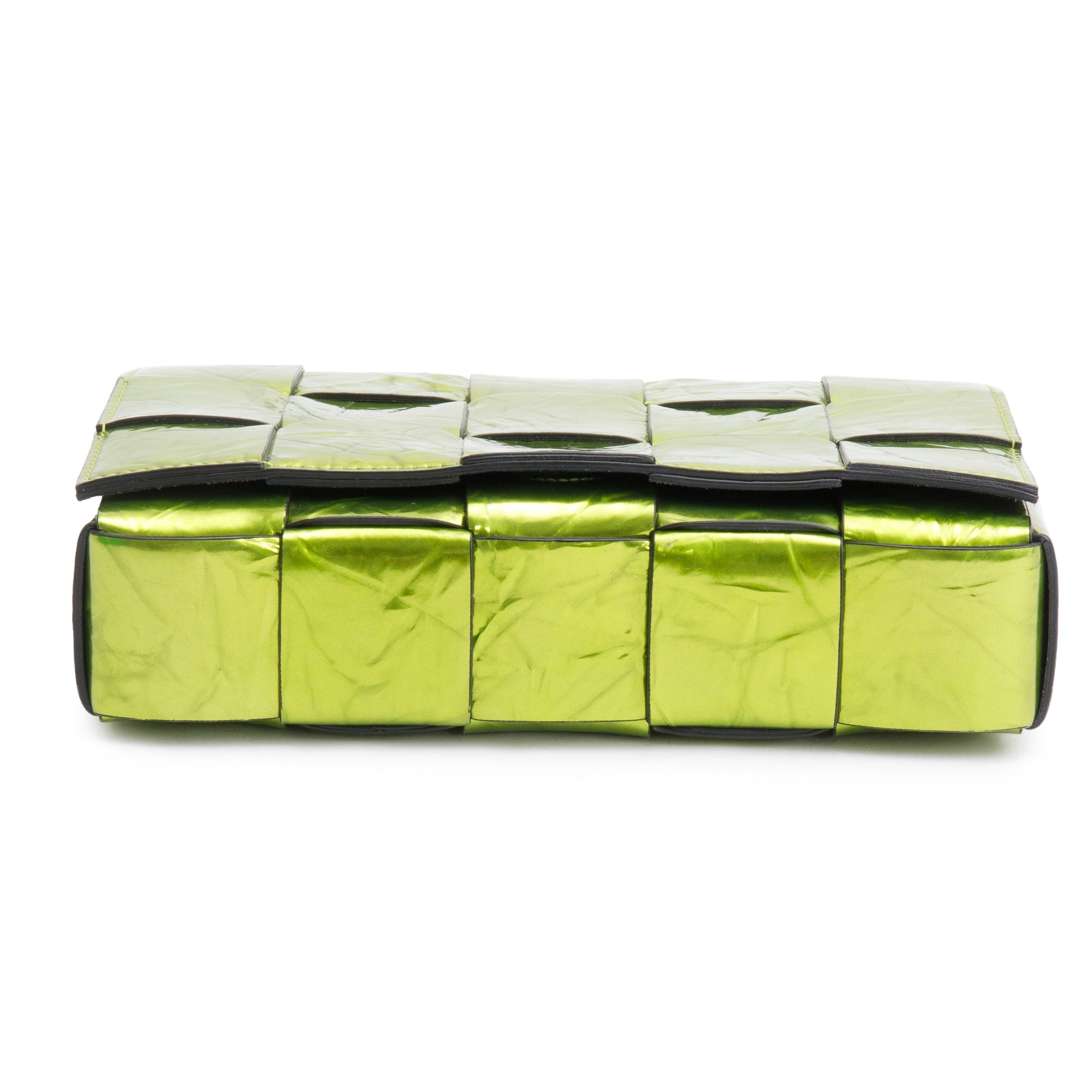 Bottega Veneta Green Metallic Crushed Calfskin Maxi Intrecciato Leather Cassette Bag w/ Box