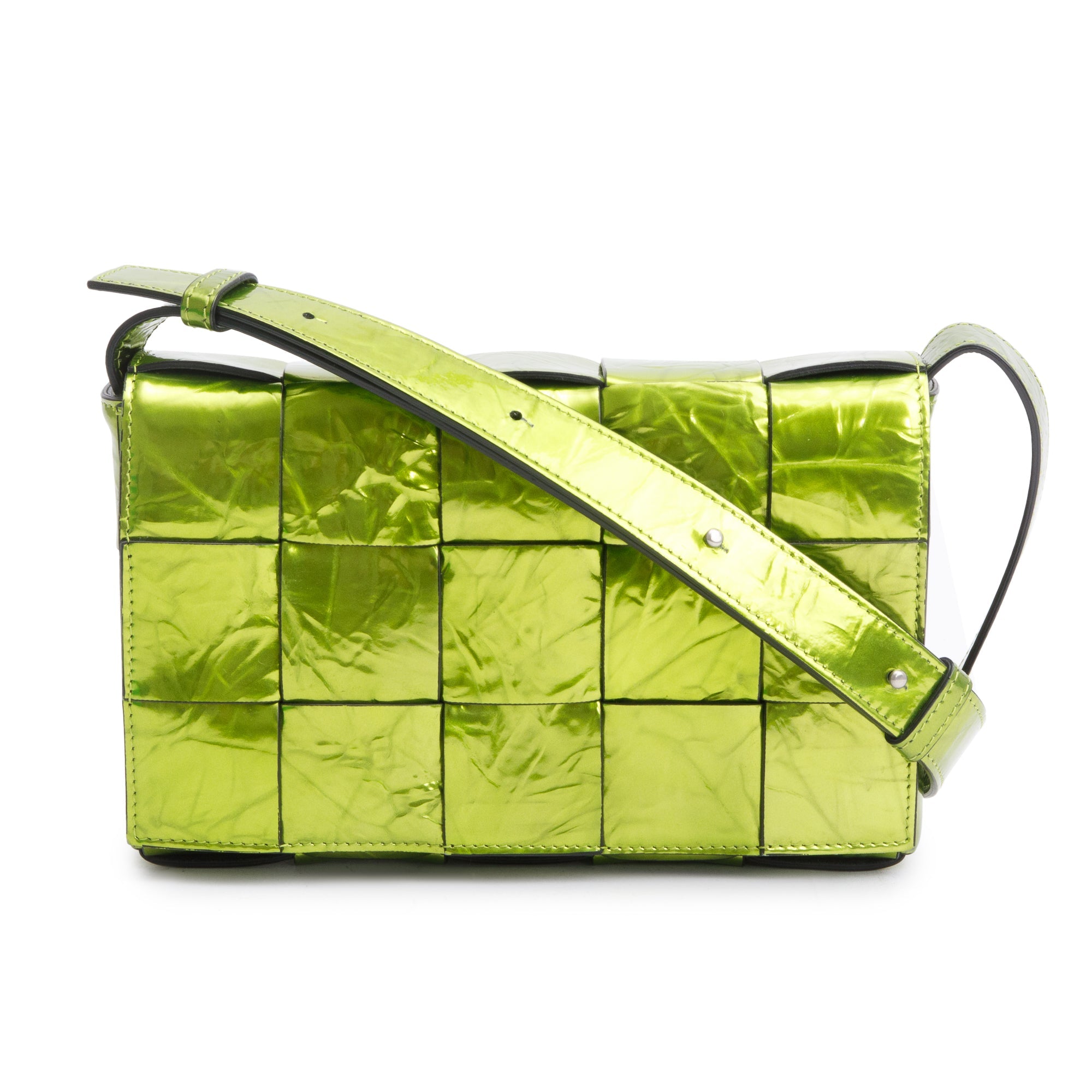 Bottega Veneta Green Metallic Crushed Calfskin Maxi Intrecciato Leather Cassette Bag w/ Box