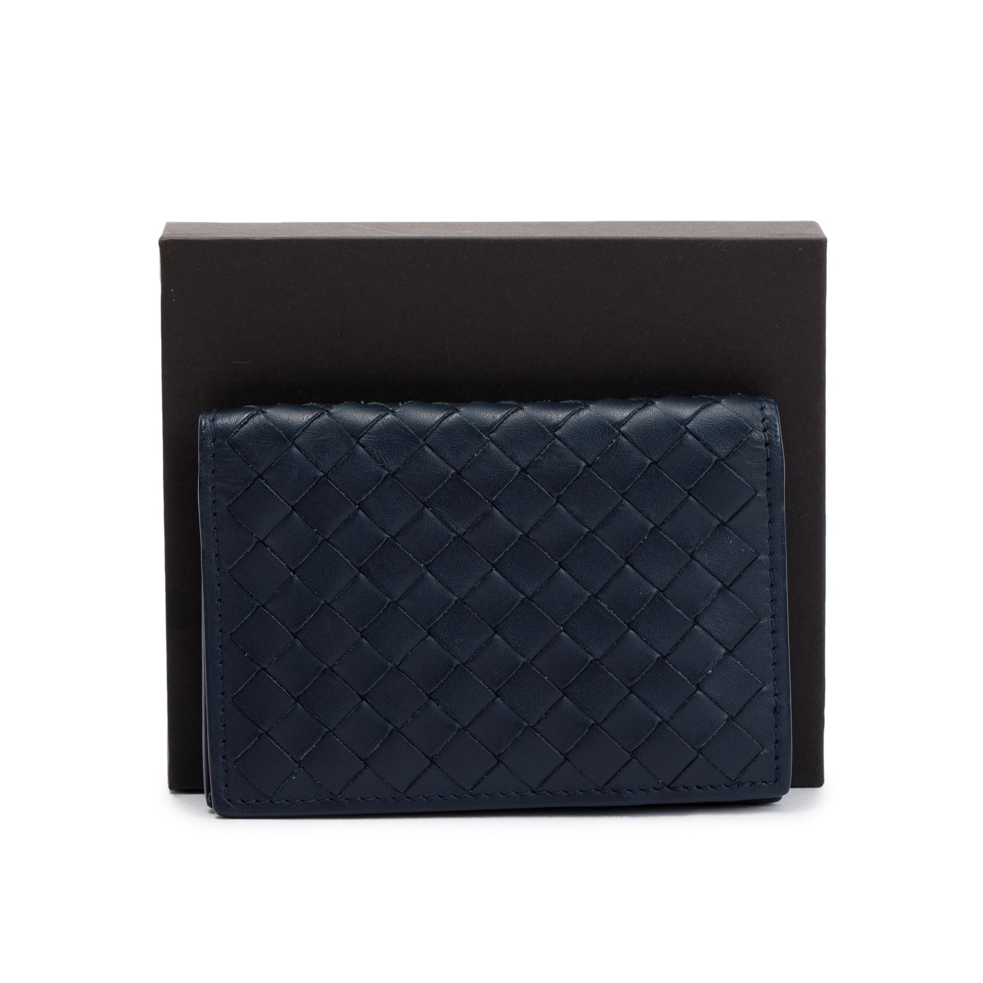 Bottega Veneta Navy Intrecciato Leather Flap Card Case w/ Box