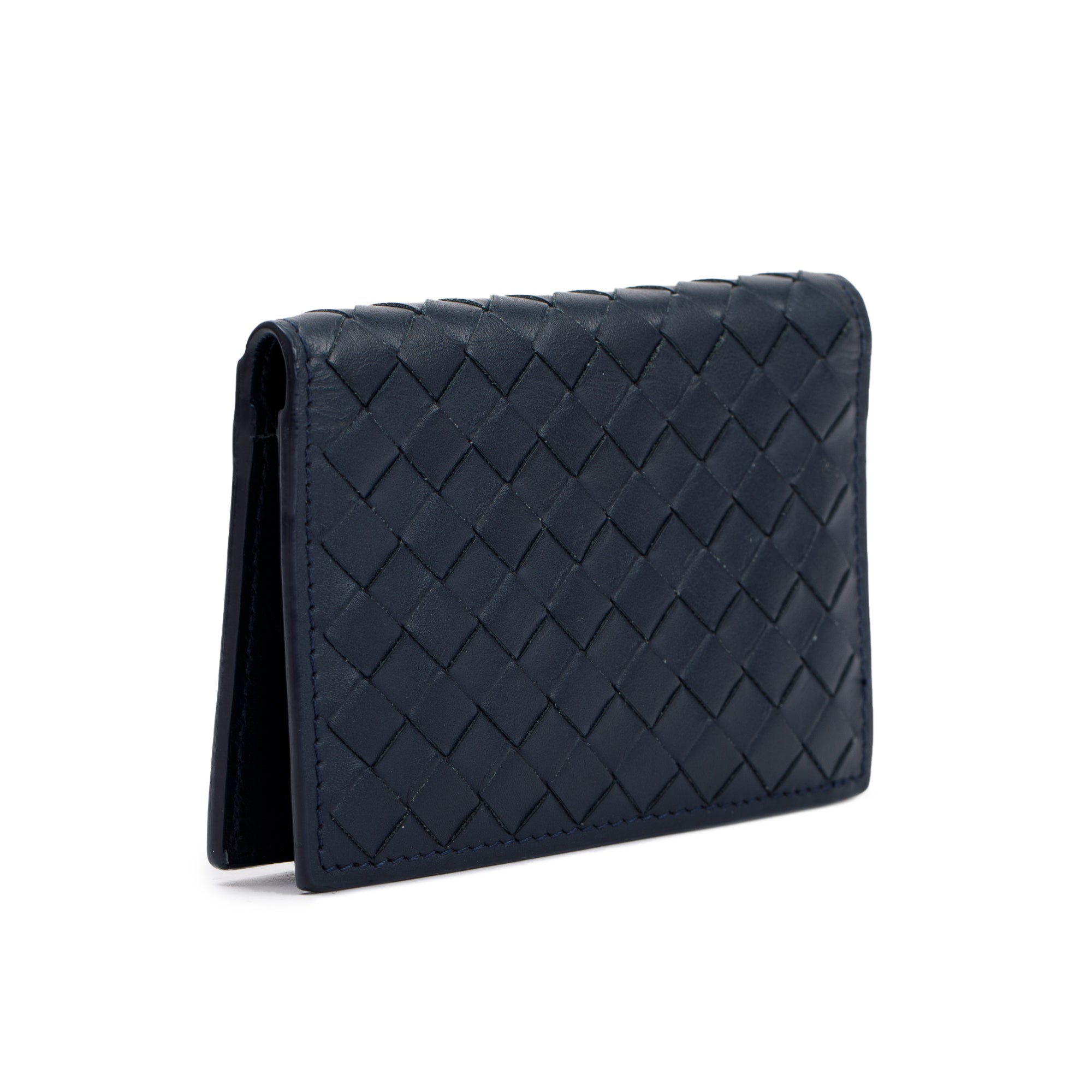 Bottega Veneta Navy Intrecciato Leather Flap Card Case w/ Box