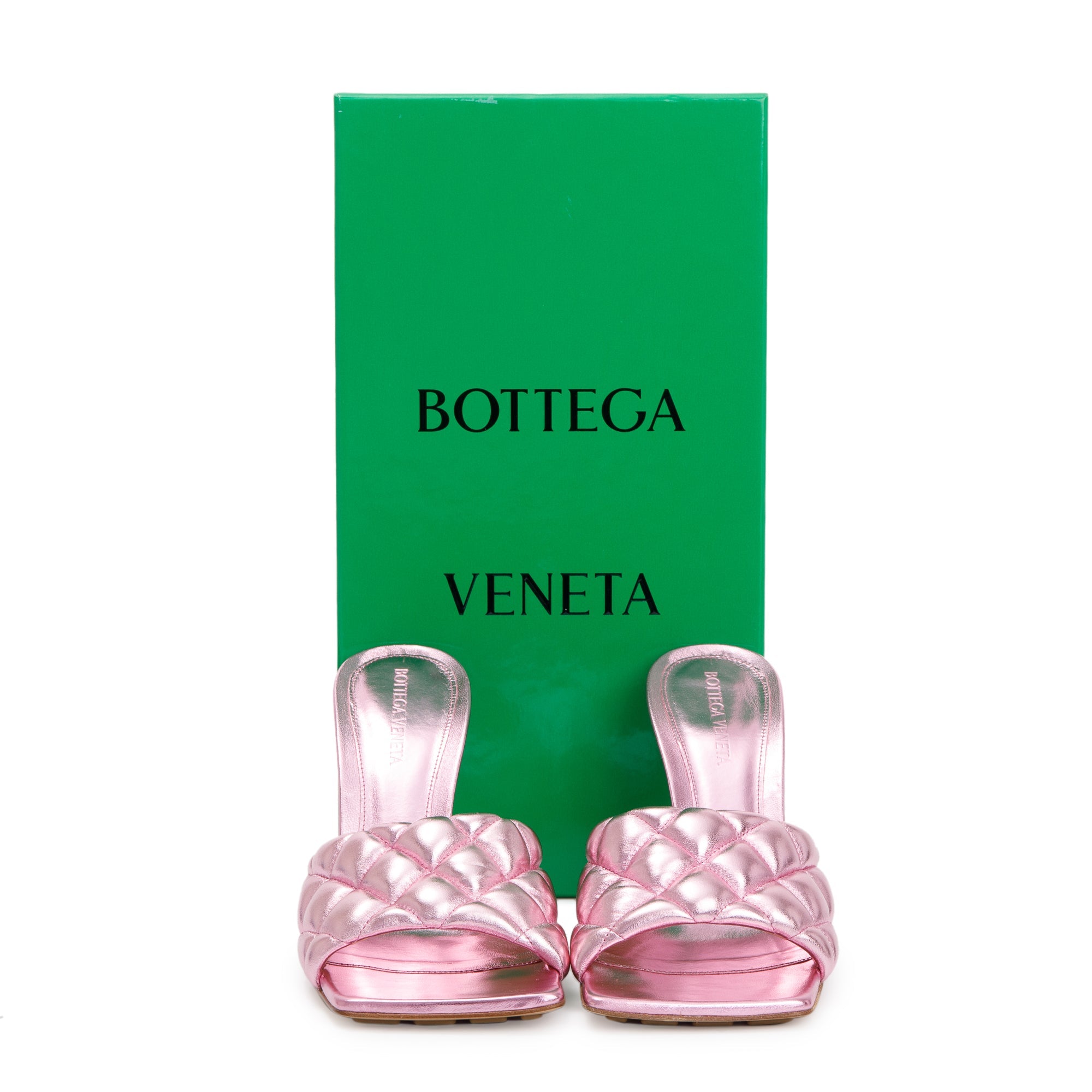Bottega Veneta Pink Metallic Lambskin Leather Padded Sandals, Size 38 w/ Box