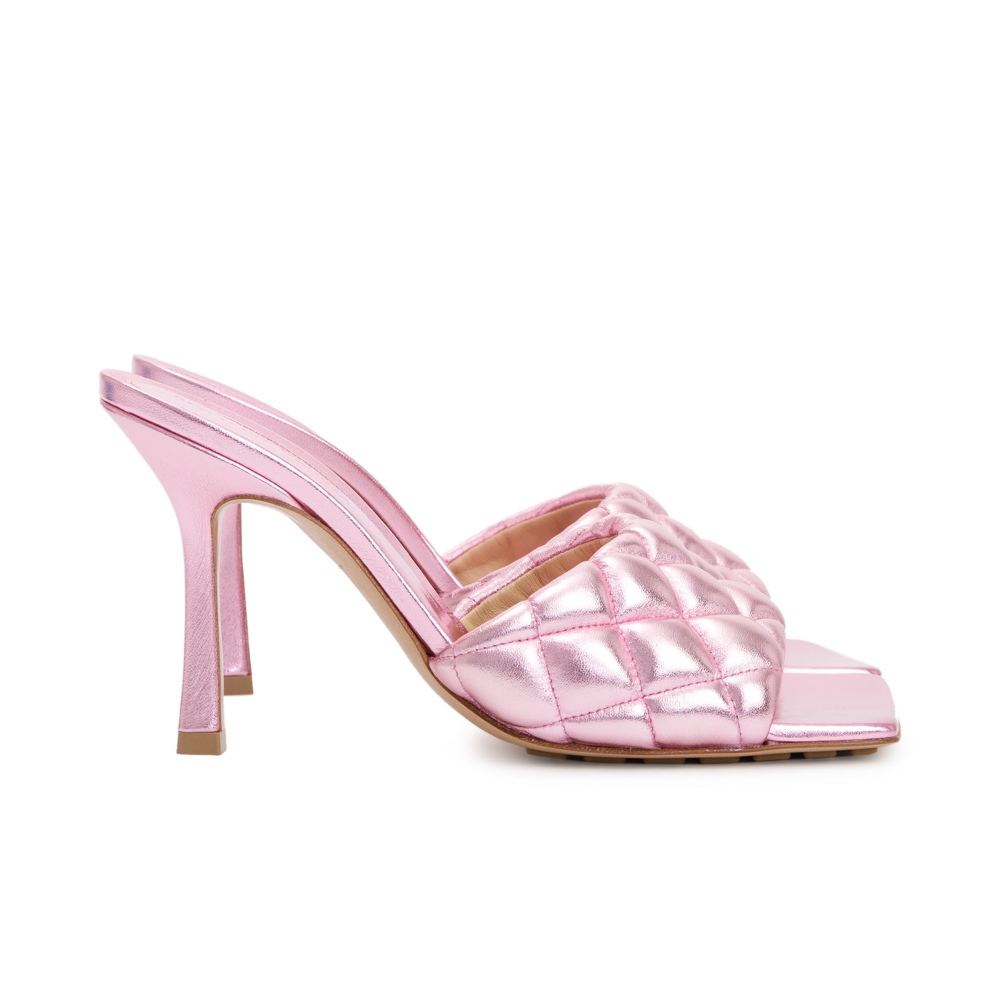 Bottega Veneta Pink Metallic Lambskin Leather Padded Sandals, Size 38 w/ Box