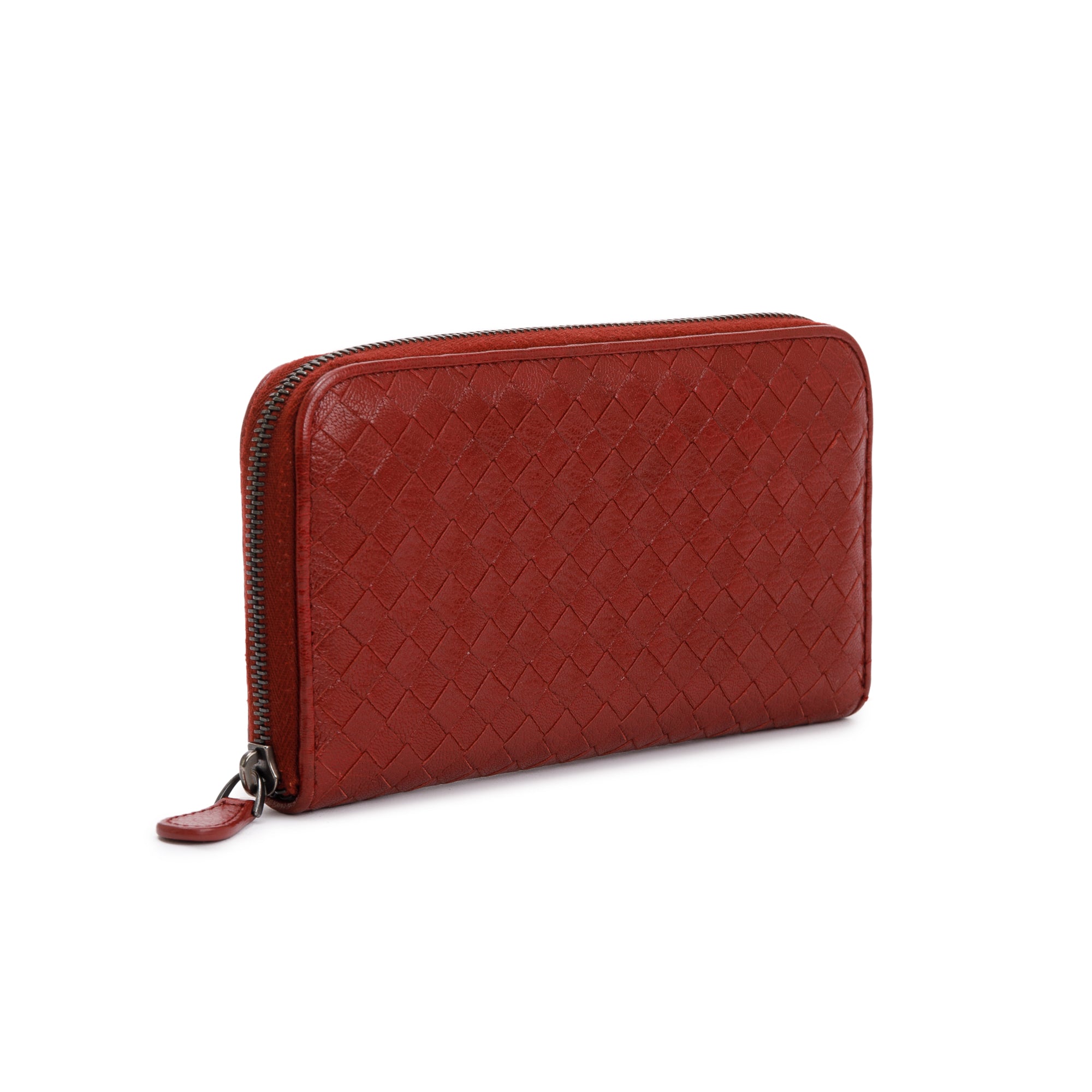 Bottega Veneta Red Intrecciato Leather Zip Around Wallet