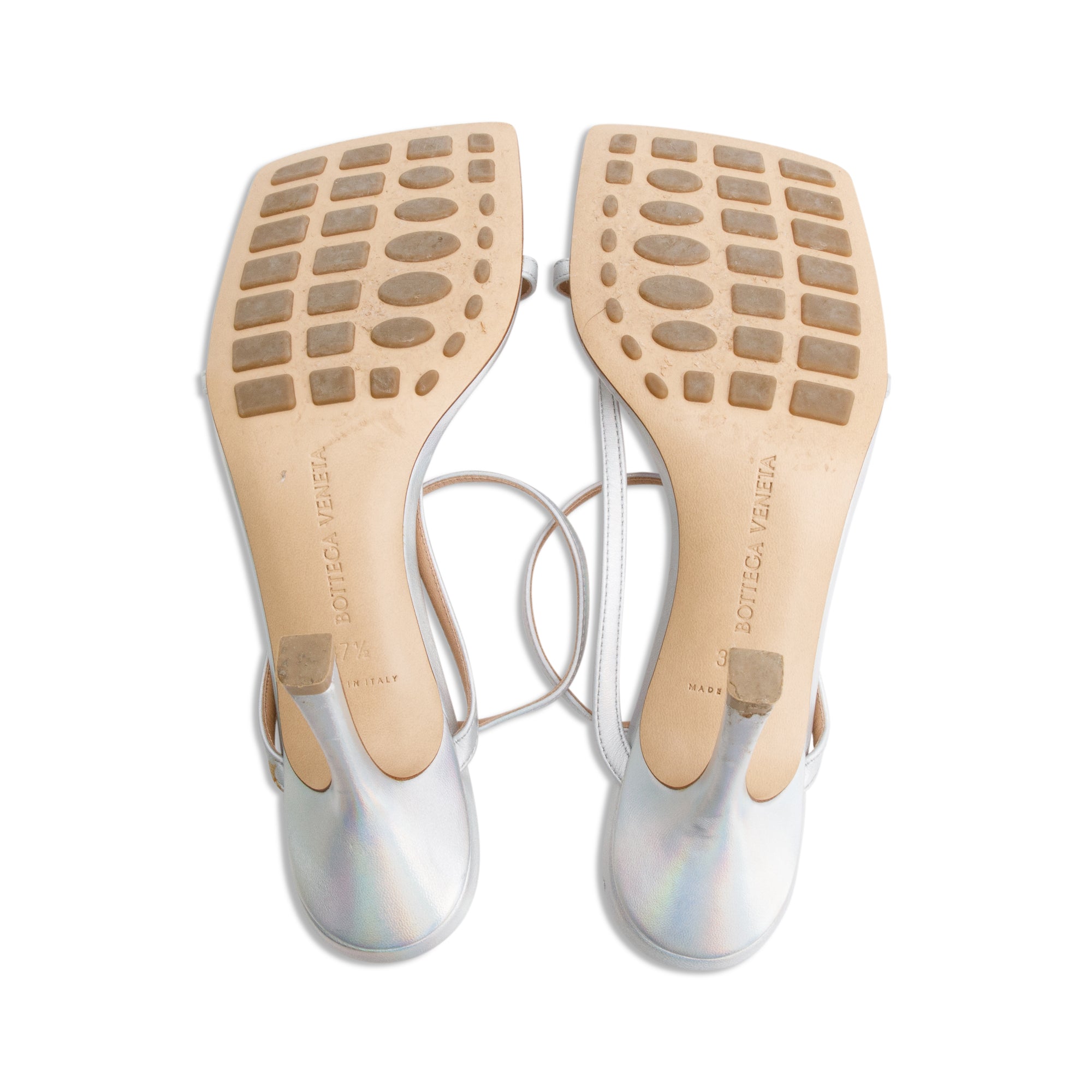 Bottega Veneta Silver Iridescent Nappa Stretch Strap Sandals, Size 37.5 w/ Box