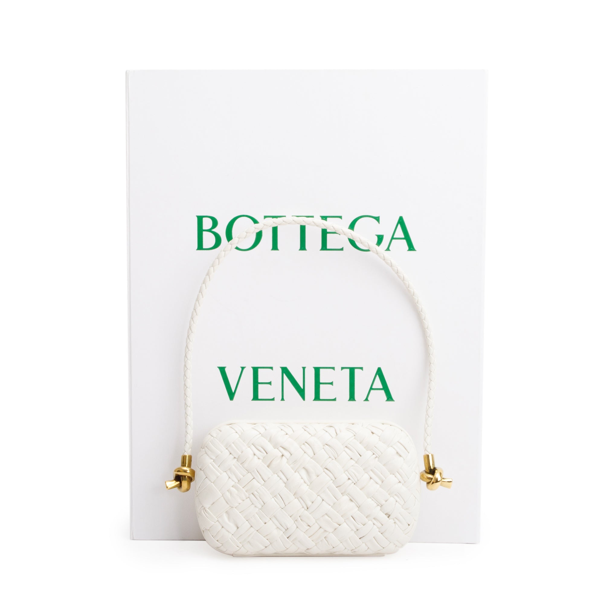 Bottega Veneta White Intreccio-Woven Leather Mini Loop Metal Knots On Strap Clutch Bag w/ Box