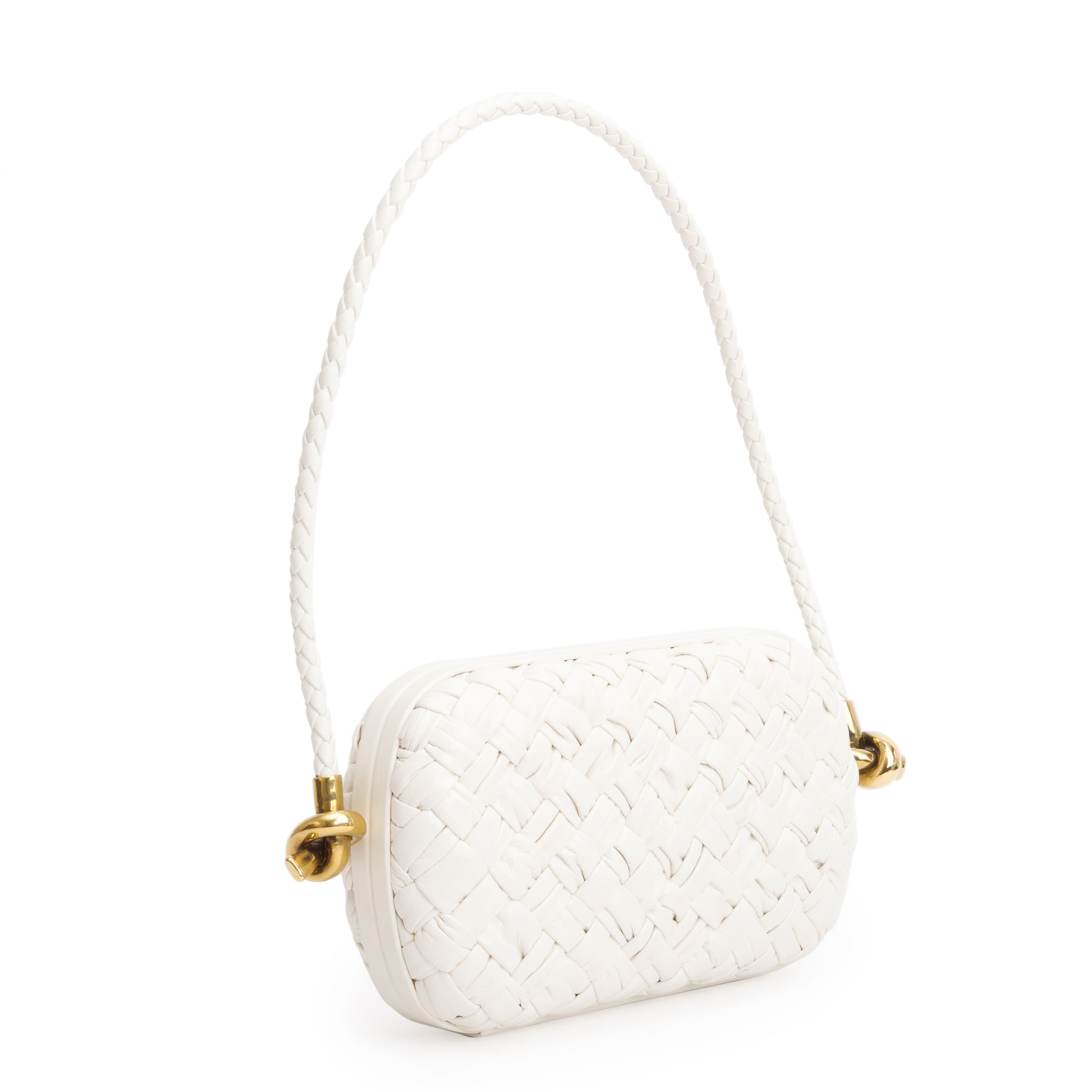 Bottega Veneta White Intreccio-Woven Leather Mini Loop Metal Knots On Strap Clutch Bag w/ Box