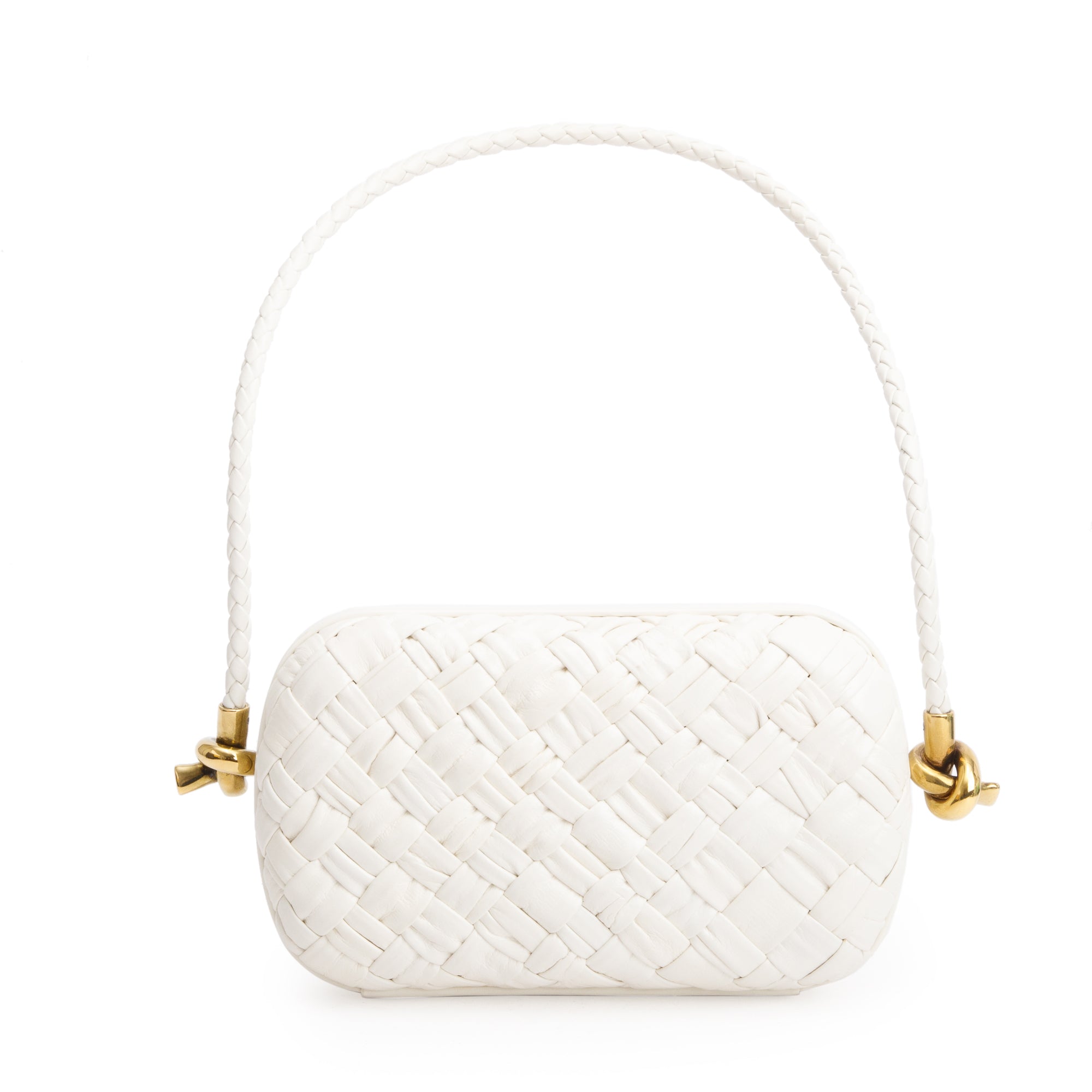 Bottega Veneta White Intreccio-Woven Leather Mini Loop Metal Knots On Strap Clutch Bag w/ Box