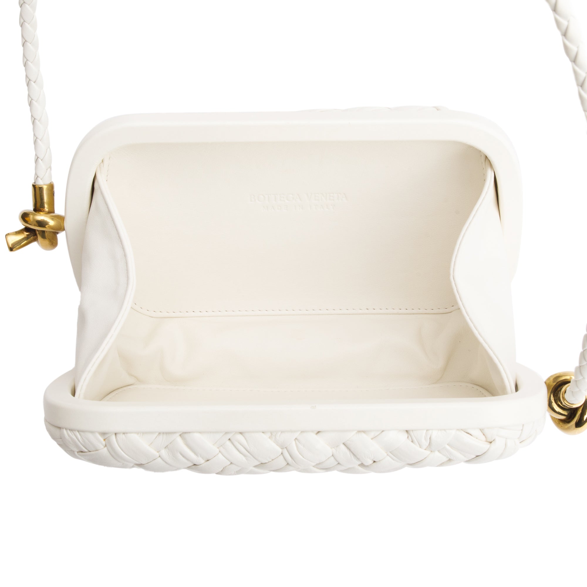 Bottega Veneta White Intreccio-Woven Leather Mini Loop Metal Knots On Strap Clutch Bag w/ Box
