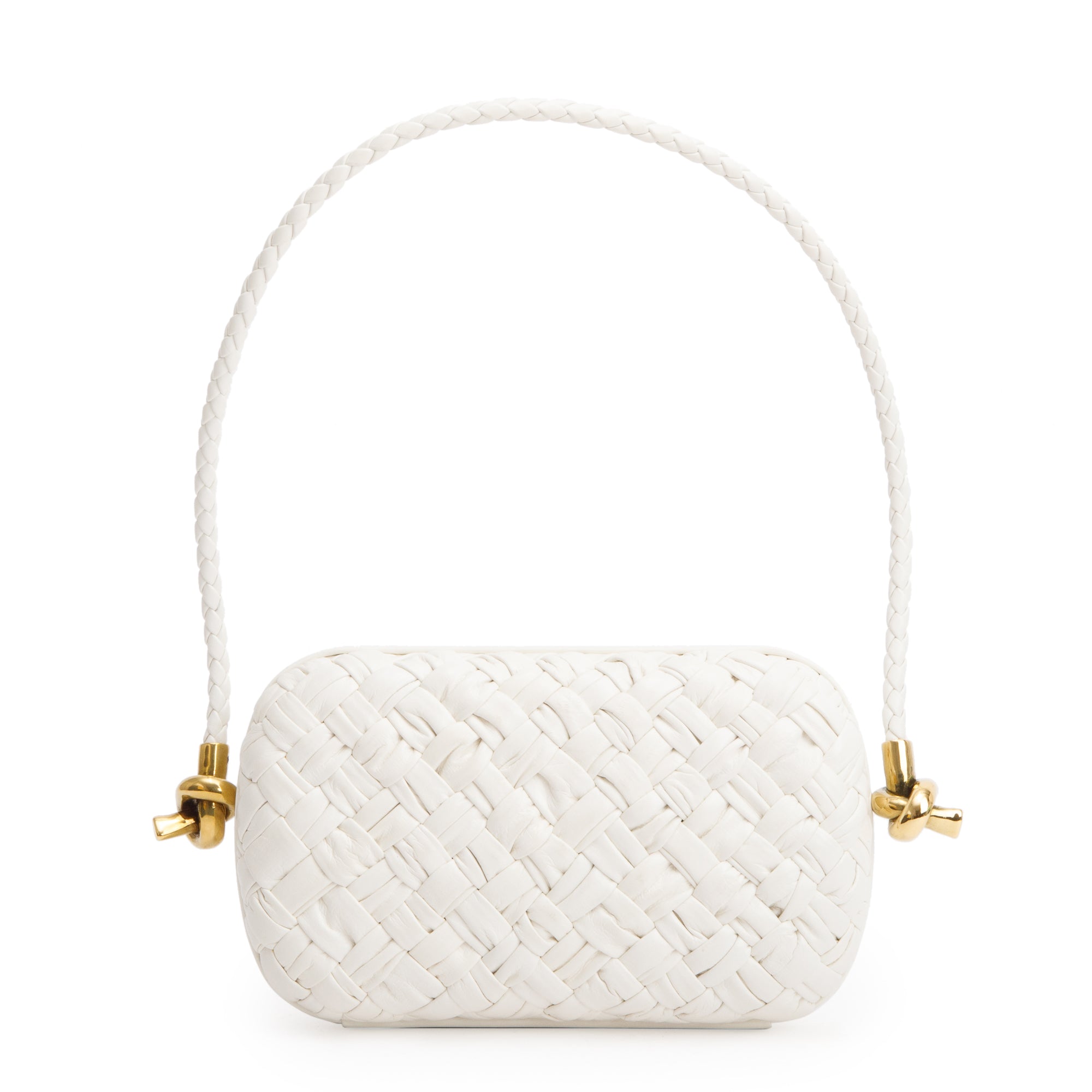 Bottega Veneta White Intreccio-Woven Leather Mini Loop Metal Knots On Strap Clutch Bag w/ Box