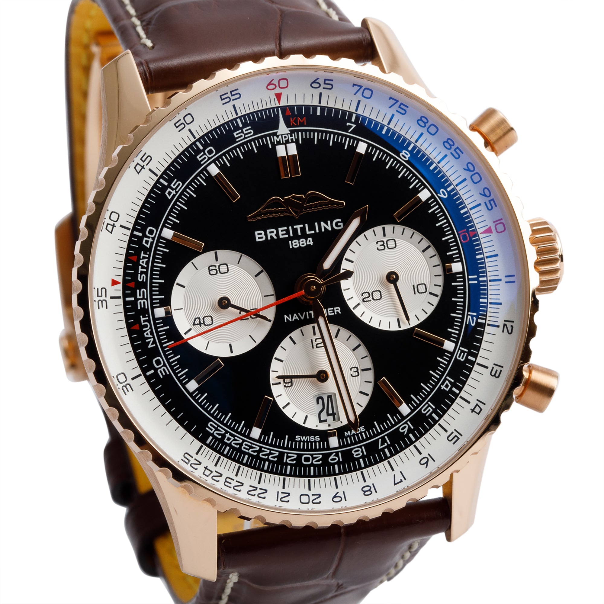 Breitling 18k Rose Gold Navitimer B01 43 MM Automatic Chronograph Watch Black Dial RB0138 w/ Box, Papers & Extra Strap