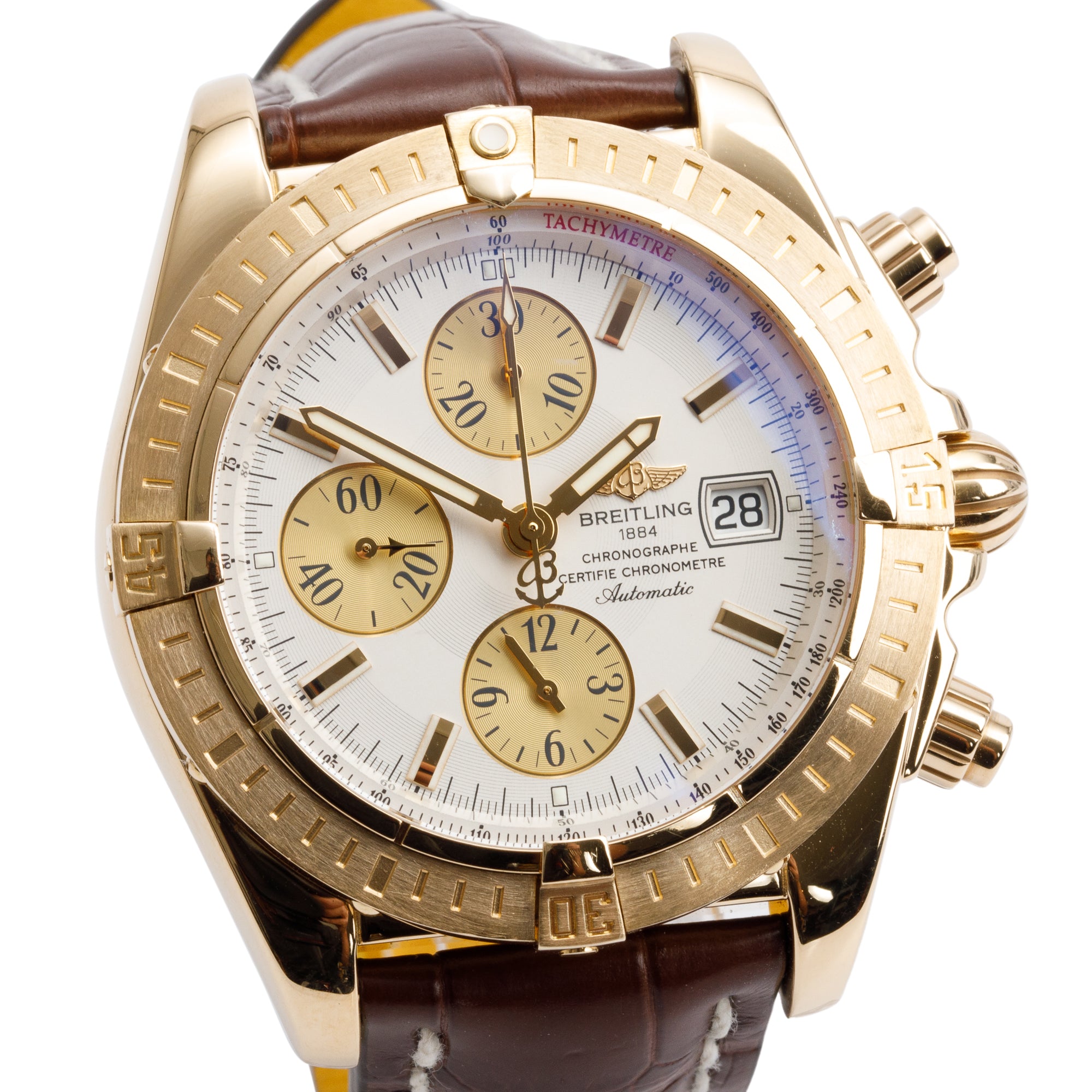 Breitling 18k Yellow Gold Chronomat Evolution 44 MM Automatic Chronograph Watch White Dial K13356